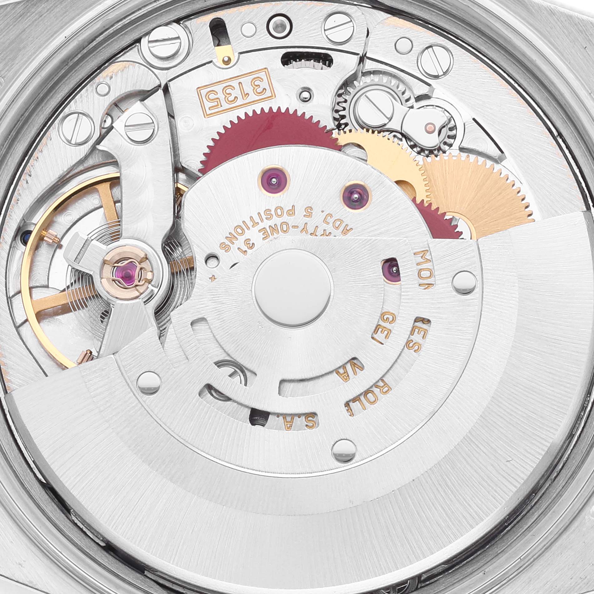 This image shows a close-up view of the Rolex Date 15210 Men's Stainless Steel Black Dial 15210 Men's Stainless Steel Black Dial model's movement and internal mechanism.