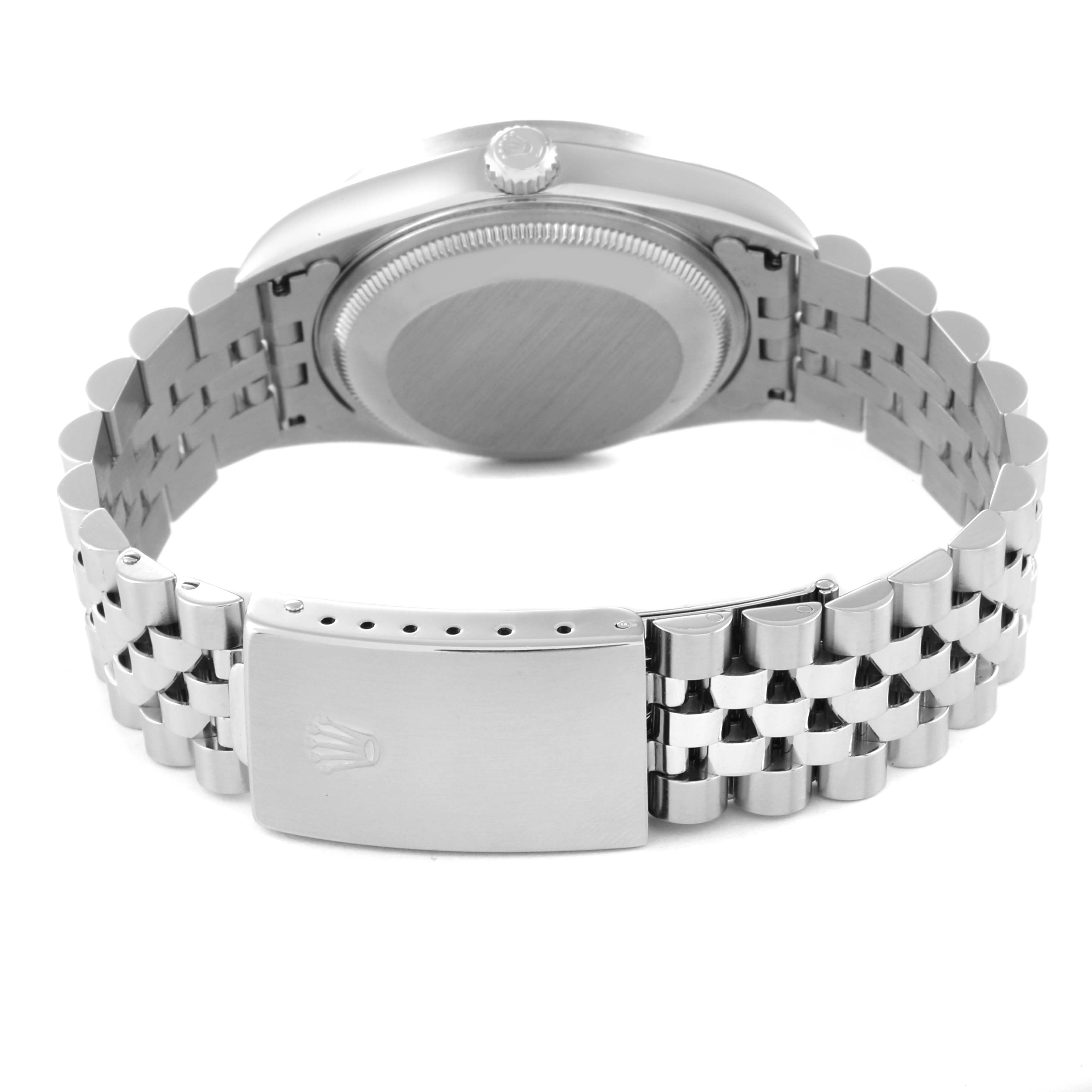 This image shows the back of a Rolex Date 15210 Men's Stainless Steel Black Dial 15210 Men's Stainless Steel Black Dial model watch, featuring its bracelet and clasp.