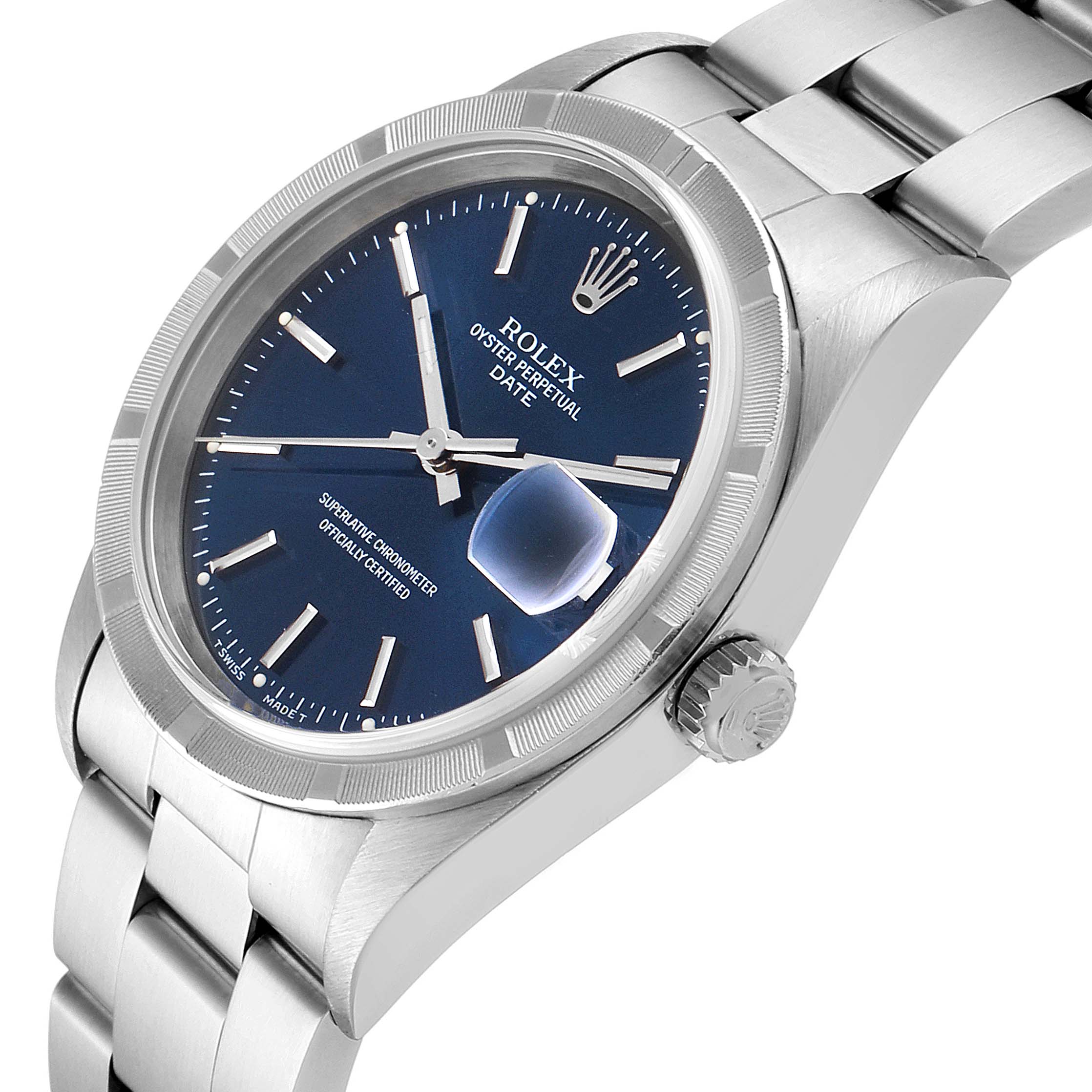 The image shows a Rolex Date 15210 Men's Stainless Steel Blue Dial 15210 Men's Stainless Steel Blue Dial model watch at an angle, highlighting the dial, bezel, crown, and part of the bracelet.