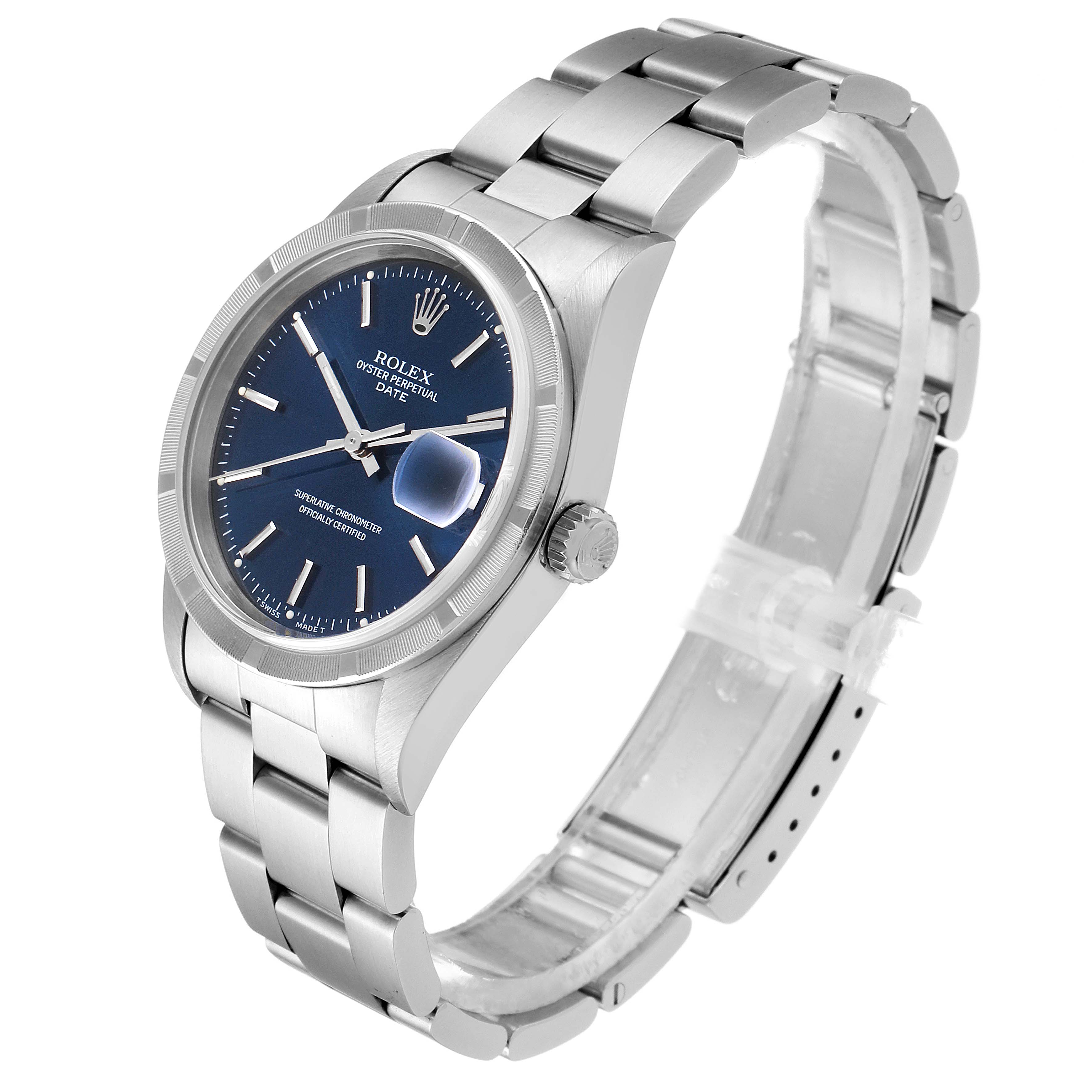 This image shows a side and angled view of the Rolex Date 15210 Men's Stainless Steel Blue Dial 15210 Men's Stainless Steel Blue Dial model watch, featuring its blue dial and metal bracelet.