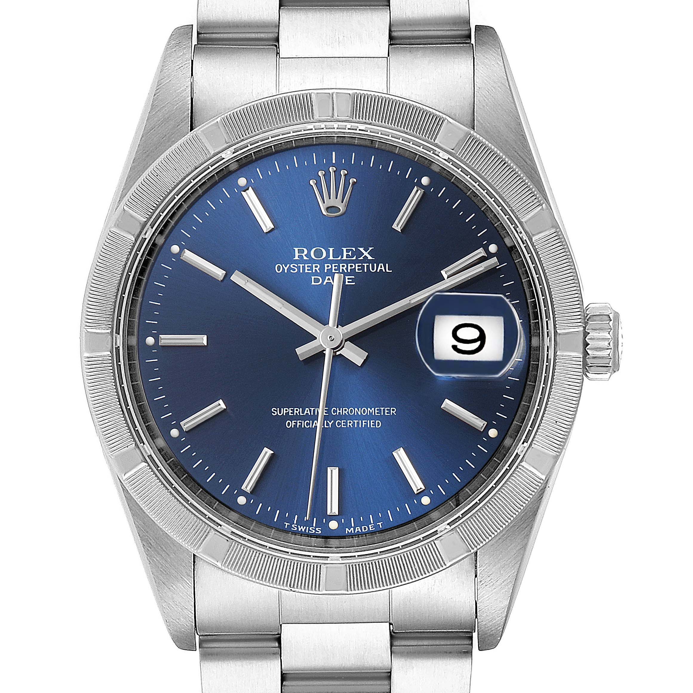 This is a close-up, front view of the Rolex Date 15210 Men's Stainless Steel Blue Dial 15210 Men's Stainless Steel Blue Dial model watch, featuring the dial, hands, bezel, crown, and part of the bracelet.