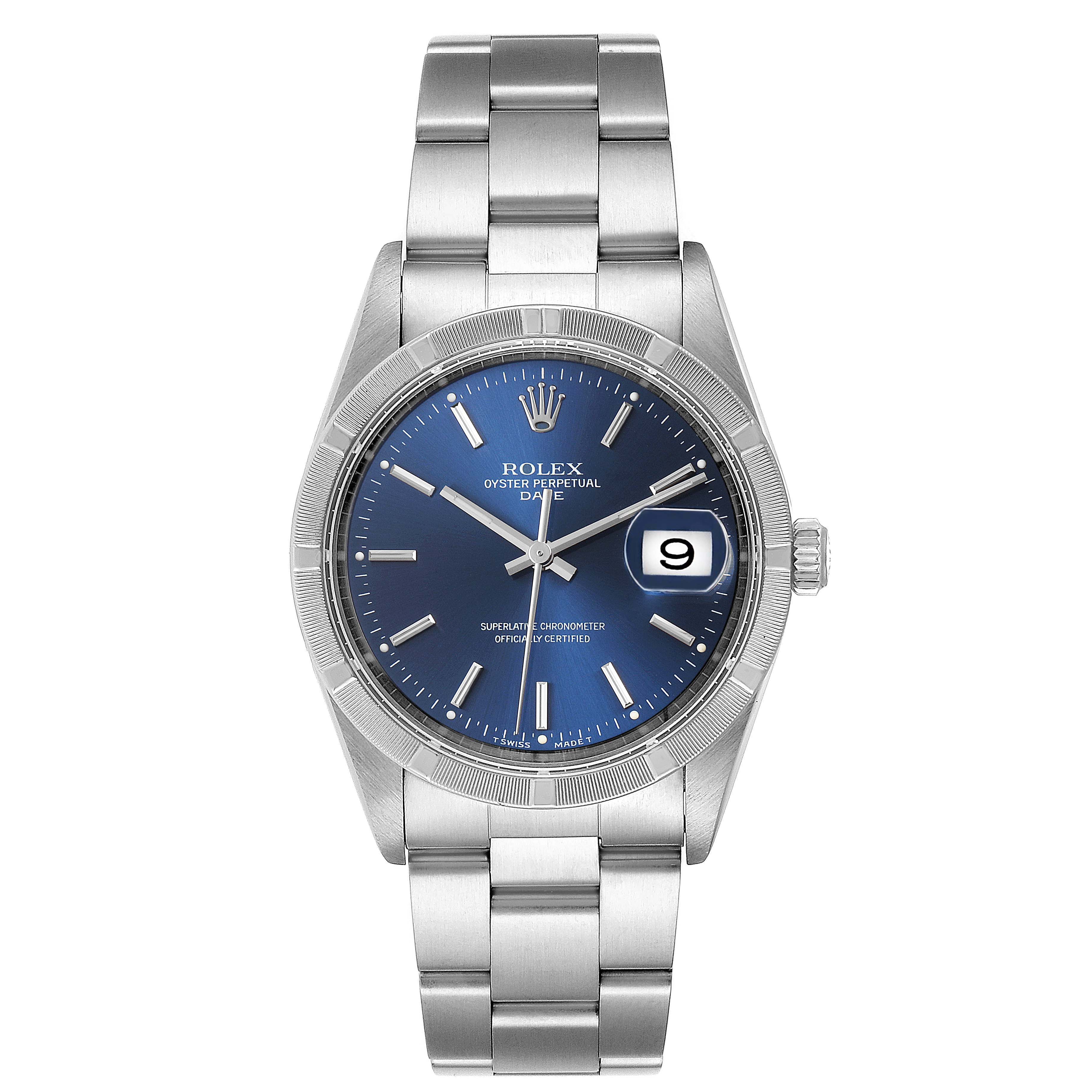 This image shows a frontal view of a Rolex Date 15210 Men's Stainless Steel Blue Dial 15210 Men's Stainless Steel Blue Dial model watch featuring a blue dial and metal bracelet.