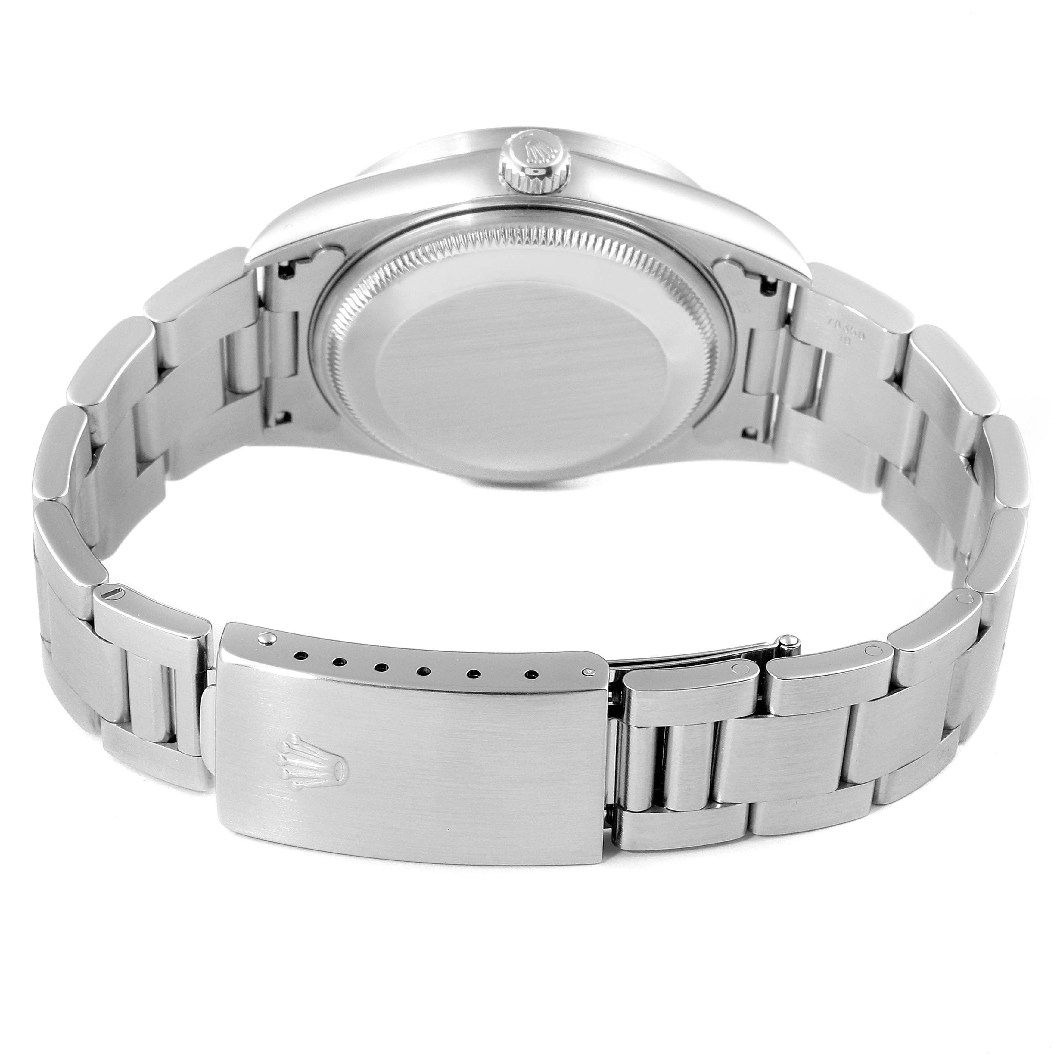 The image shows the back view of a Rolex Date 15210 Men's Stainless Steel Blue Dial 15210 Men's Stainless Steel Blue Dial model watch, displaying the bracelet, case back, and clasp.