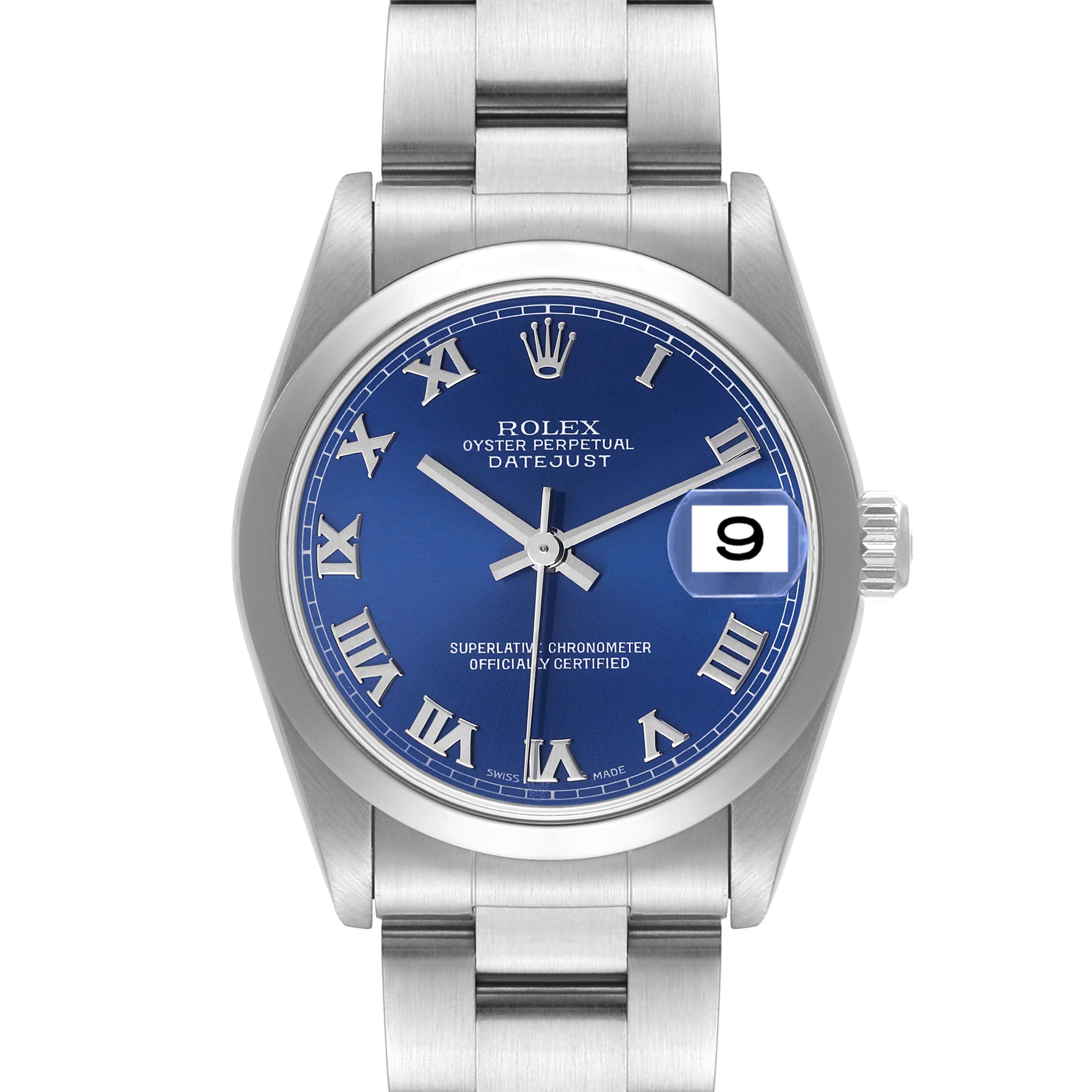 The image shows a front view of a Mid-Size Rolex Oyster Perpetual Datejust watch with a blue dial and silver bracelet.