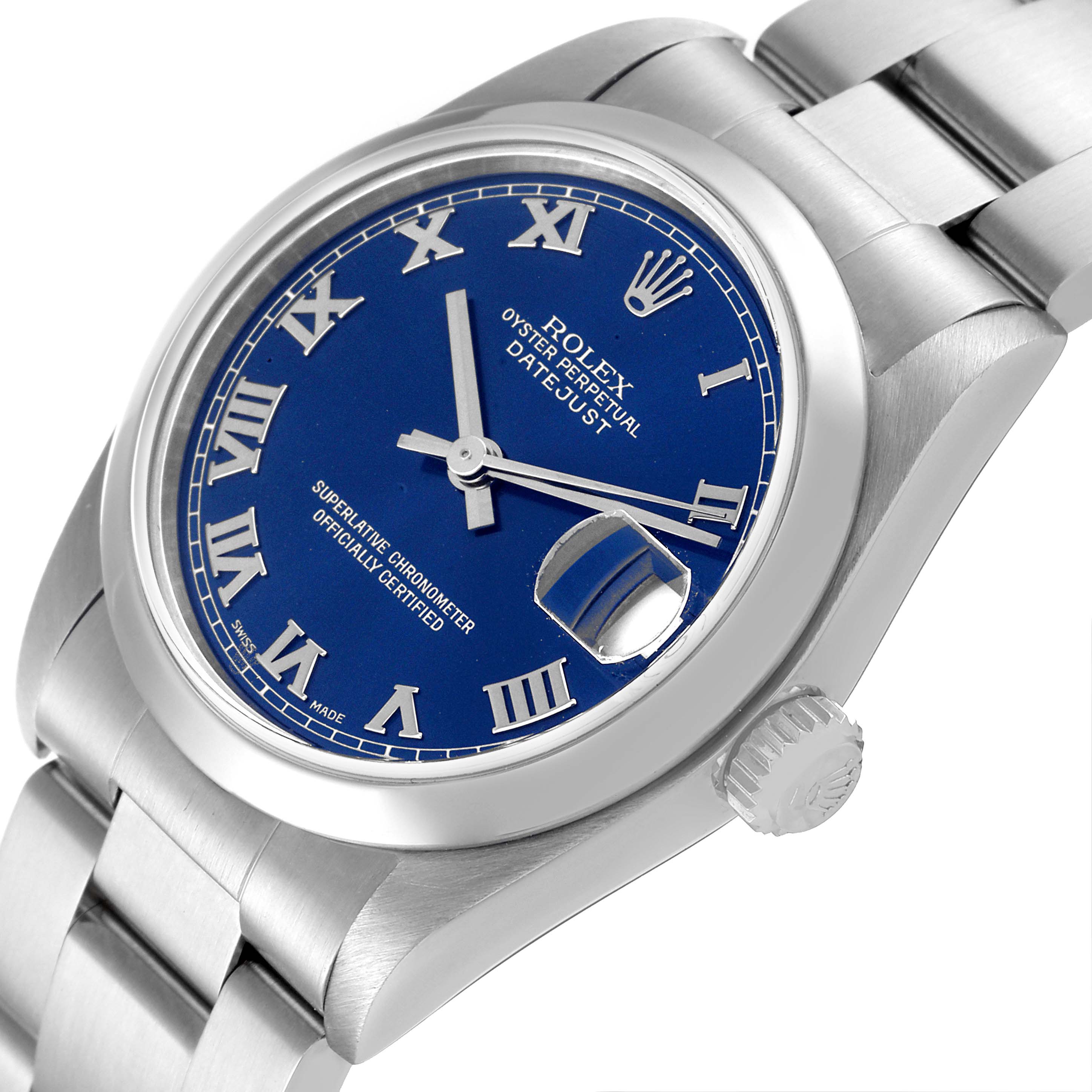 The image shows a close-up view of a Rolex Datejust Mid-Size watch, highlighting the blue dial, Roman numerals, and crown.