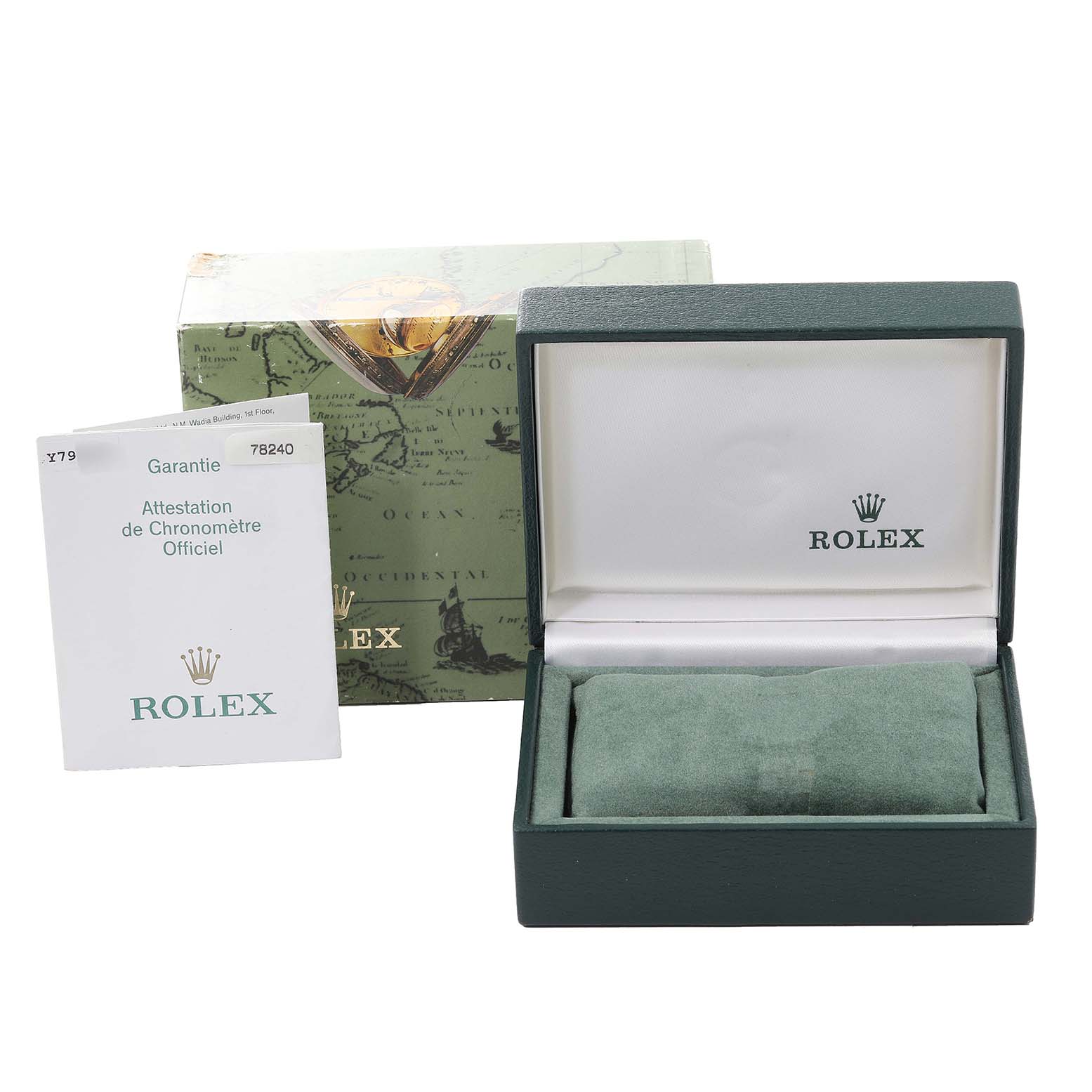 The image shows an open Rolex watch box for a Mid-Size model, alongside its outer box and warranty booklet.