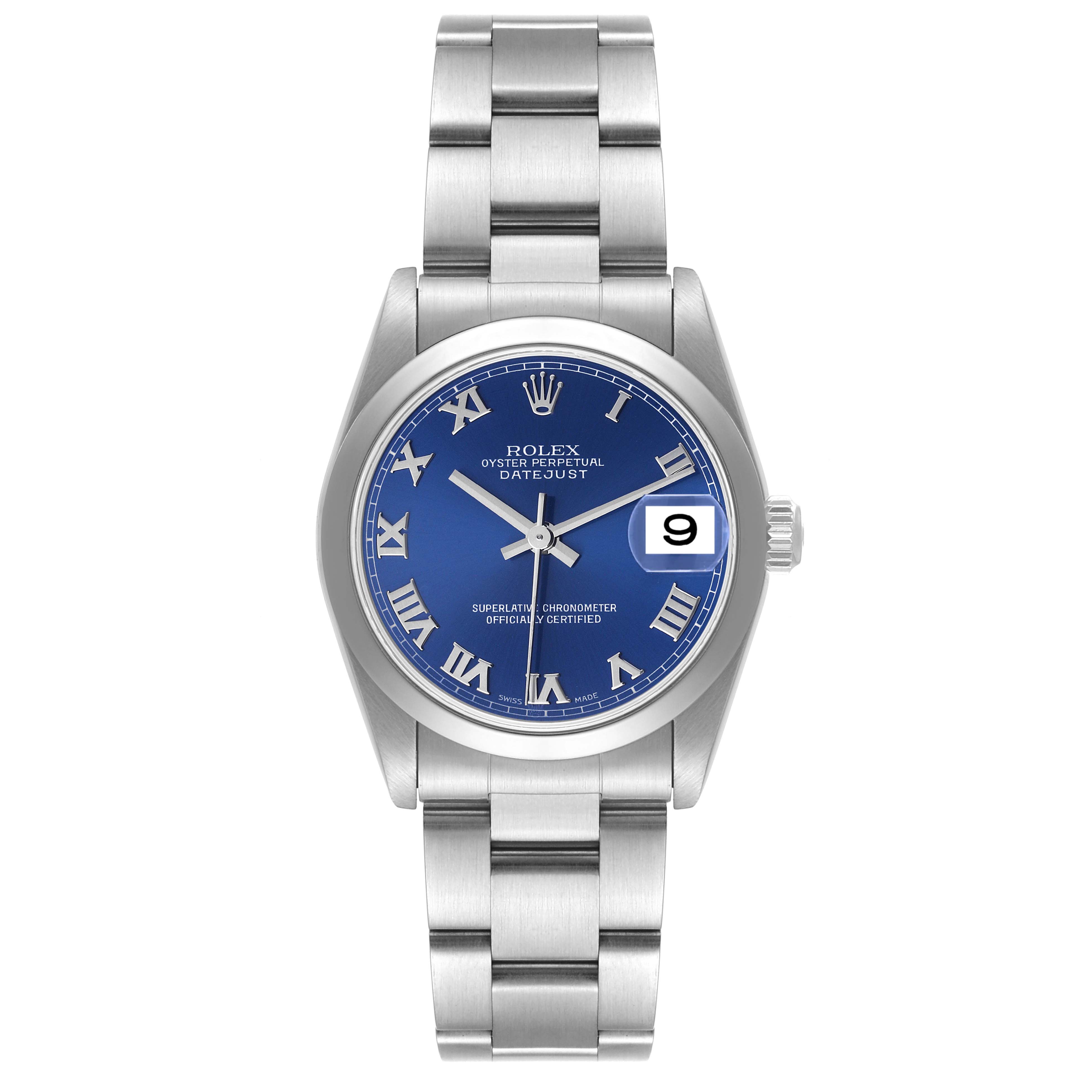 The image shows a front view of a Mid-Size Rolex Oyster Perpetual Datejust with a blue dial and stainless steel bracelet.