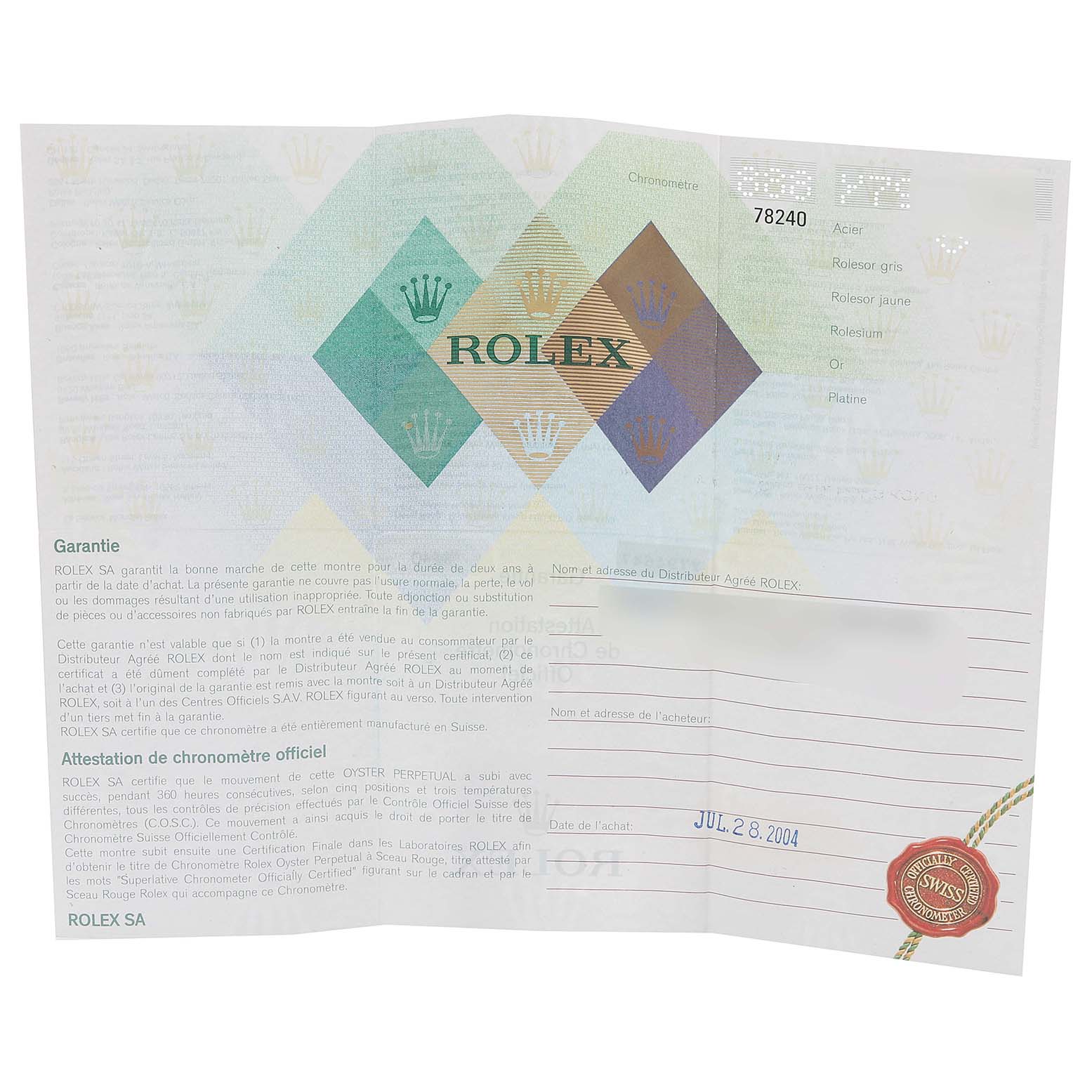 The image shows a warranty document for a Mid-Size Rolex watch model.