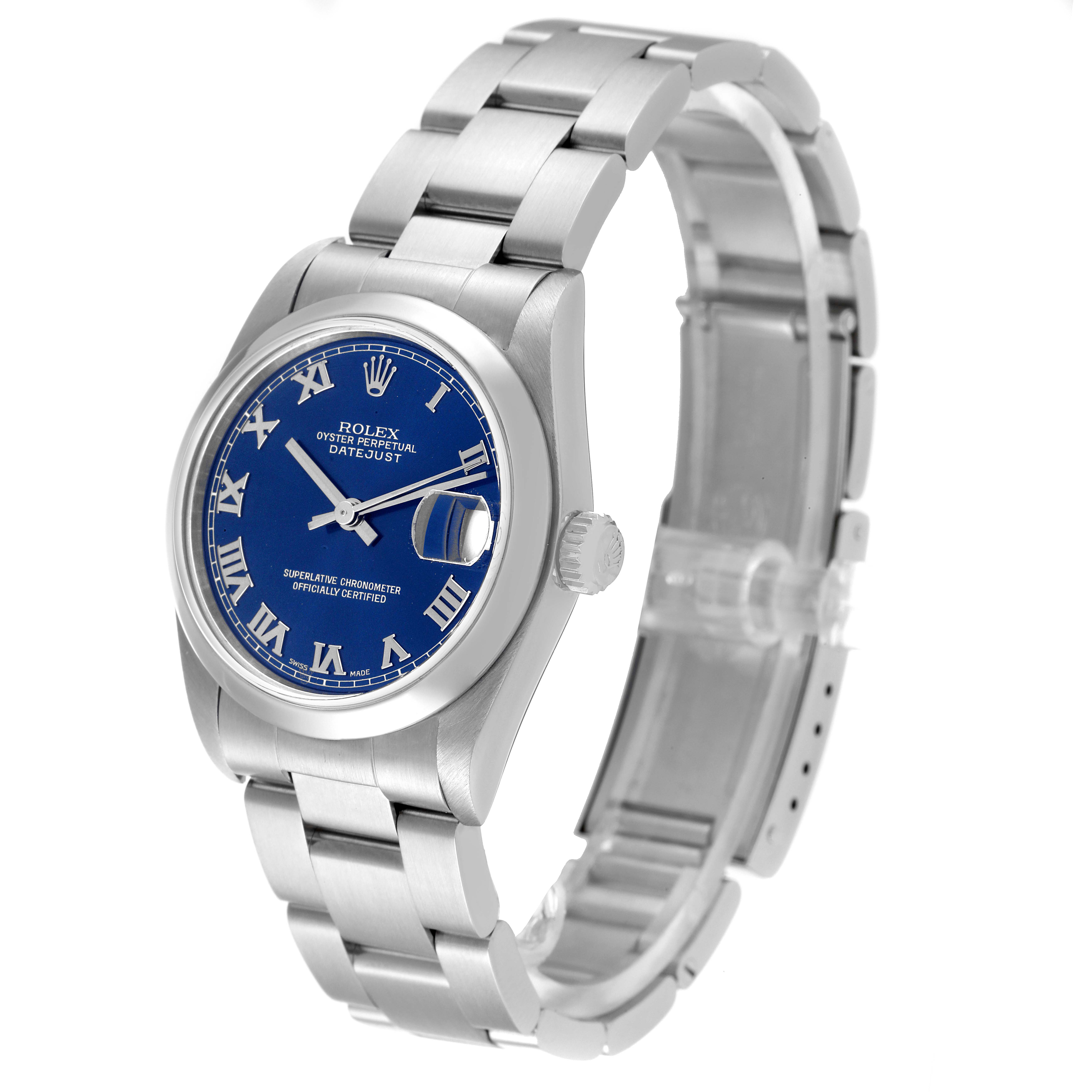 The image shows a Rolex Mid-Size 78240 Women
s Stainless Steel Blue Dial 78240 Women
s Stainless Steel Blue Dial Oyster Perpetual Datejust watch at a front-right angle, highlighting the bracelet, dial, and crown.