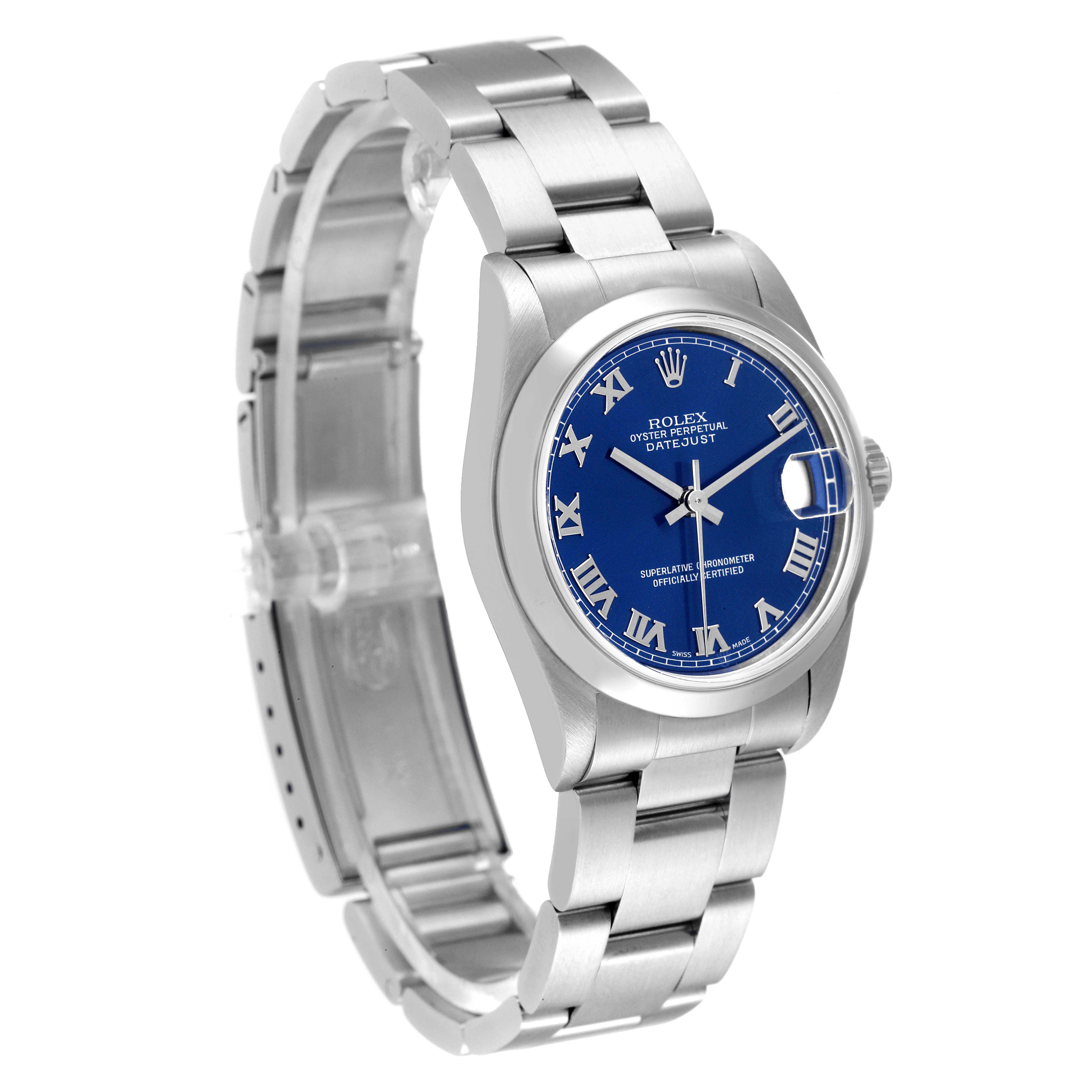 The image shows a Rolex Mid-Size 78240 Women
s Stainless Steel Blue Dial 78240 Women
s Stainless Steel Blue Dial Datejust watch from a three-quarter angle, highlighting its blue dial, case, and bracelet.