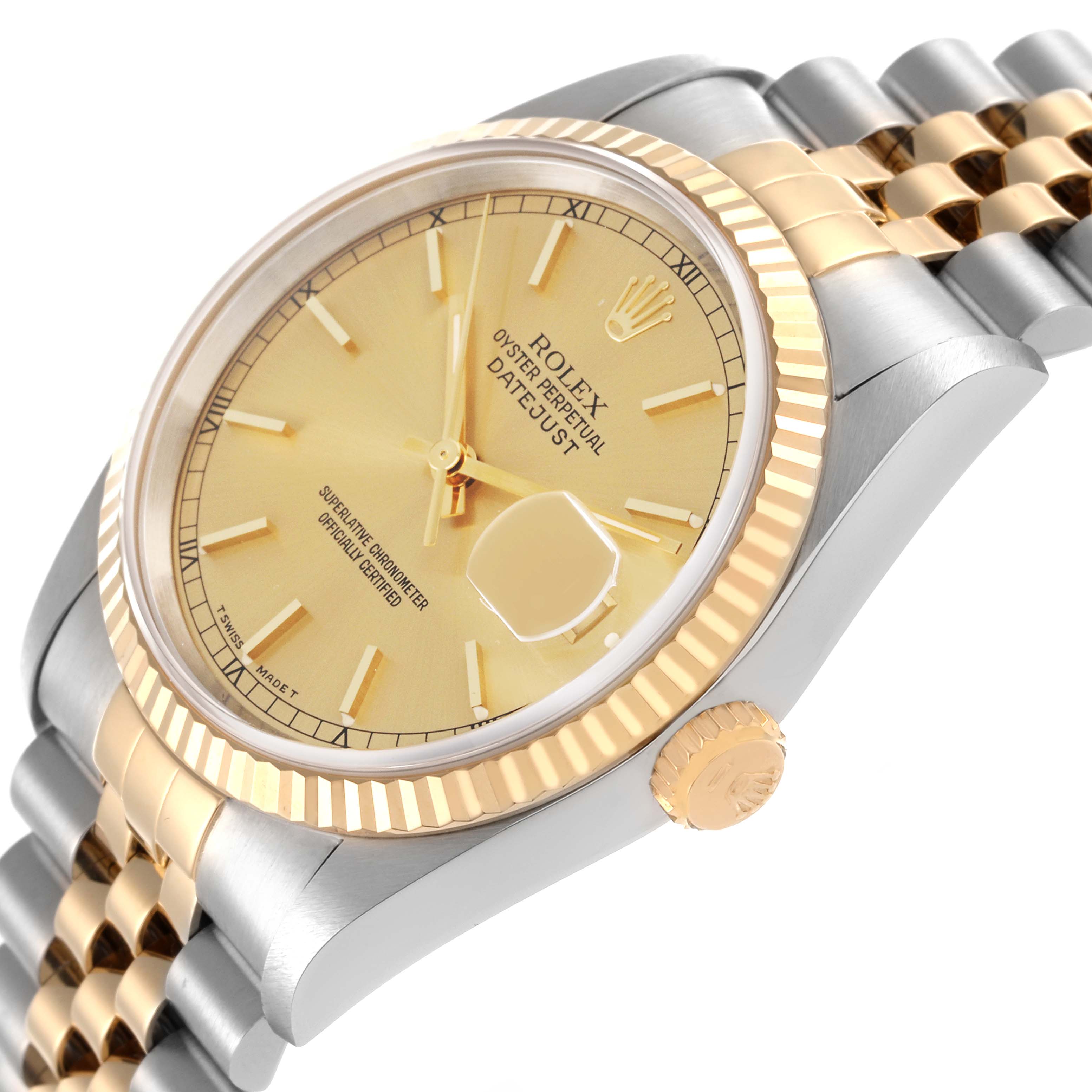 The Rolex Datejust 16233 Men's Steel and Gold (two tone) Champagne Dial 16233 Men's Steel and Gold (two tone) Champagne Dial watch is shown at a slight side angle, displaying the dial, fluted bezel, crown, and part of the bracelet.