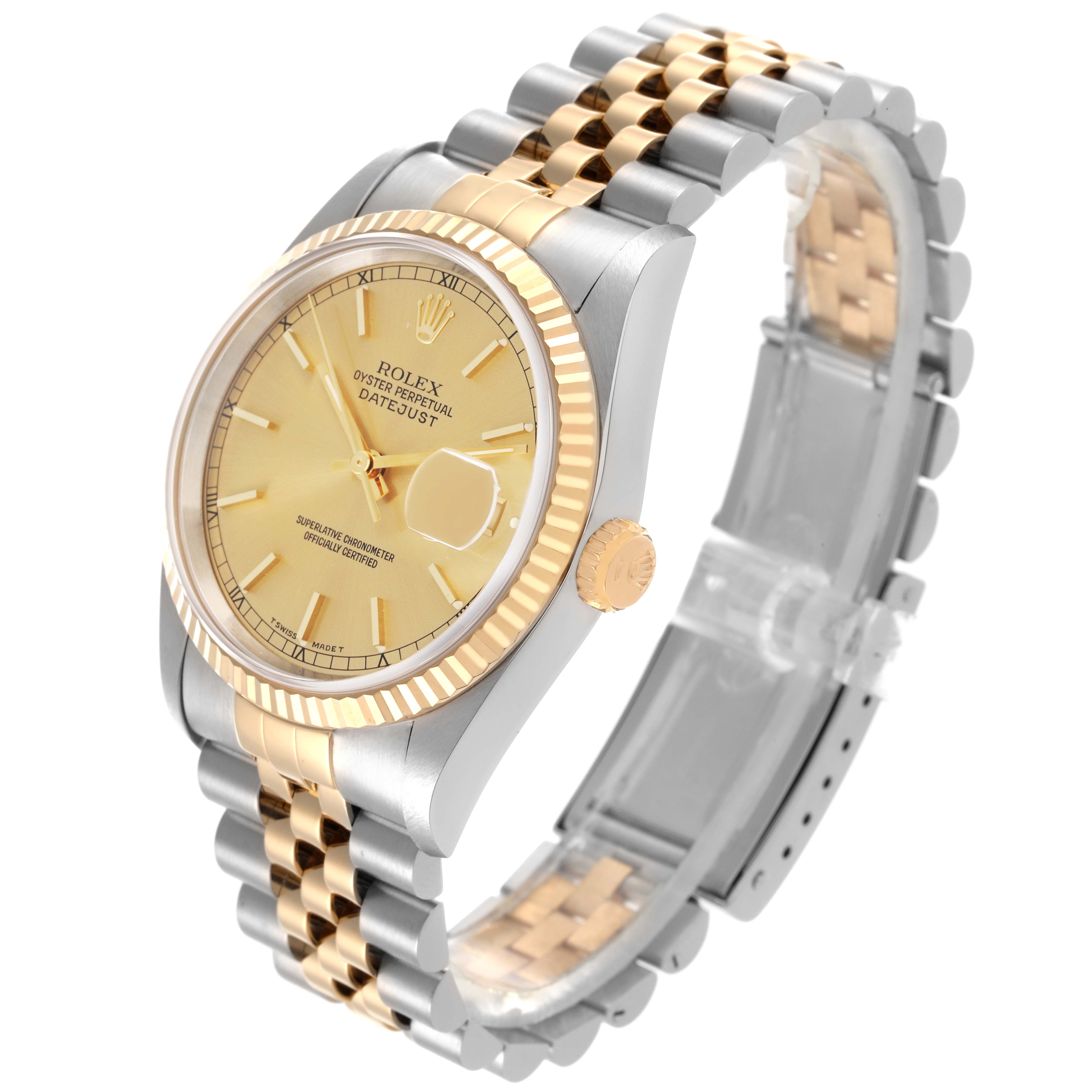 The Rolex Datejust 16233 Men's Steel and Gold (two tone) Champagne Dial 16233 Men's Steel and Gold (two tone) Champagne Dial watch is shown at a three-quarter angle, highlighting the dial, bezel, and Jubilee bracelet.