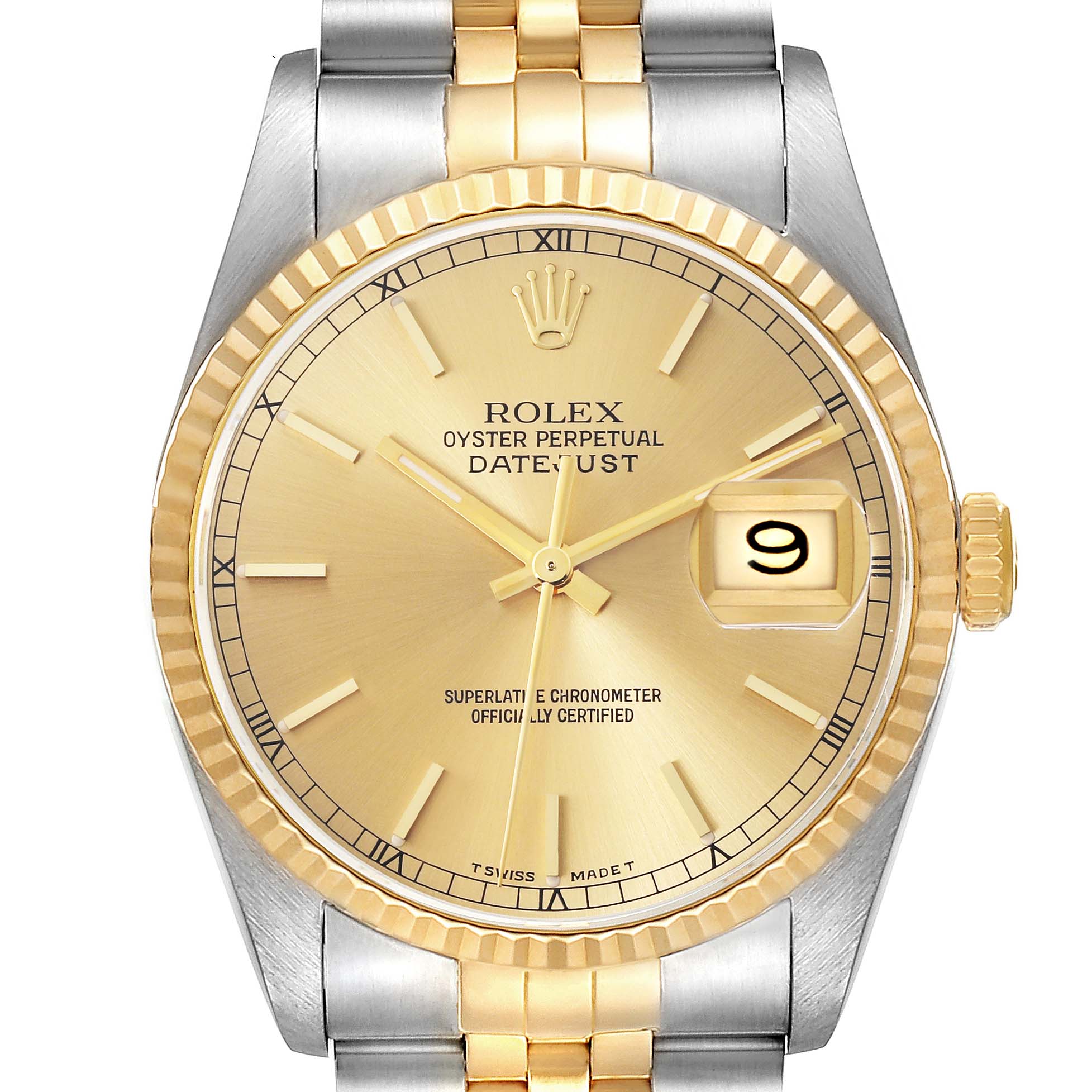 The Rolex Datejust 16233 Men's Steel and Gold (two tone) Champagne Dial 16233 Men's Steel and Gold (two tone) Champagne Dial watch is shown from a front angle, displaying the dial, bezel, and part of the bracelet.