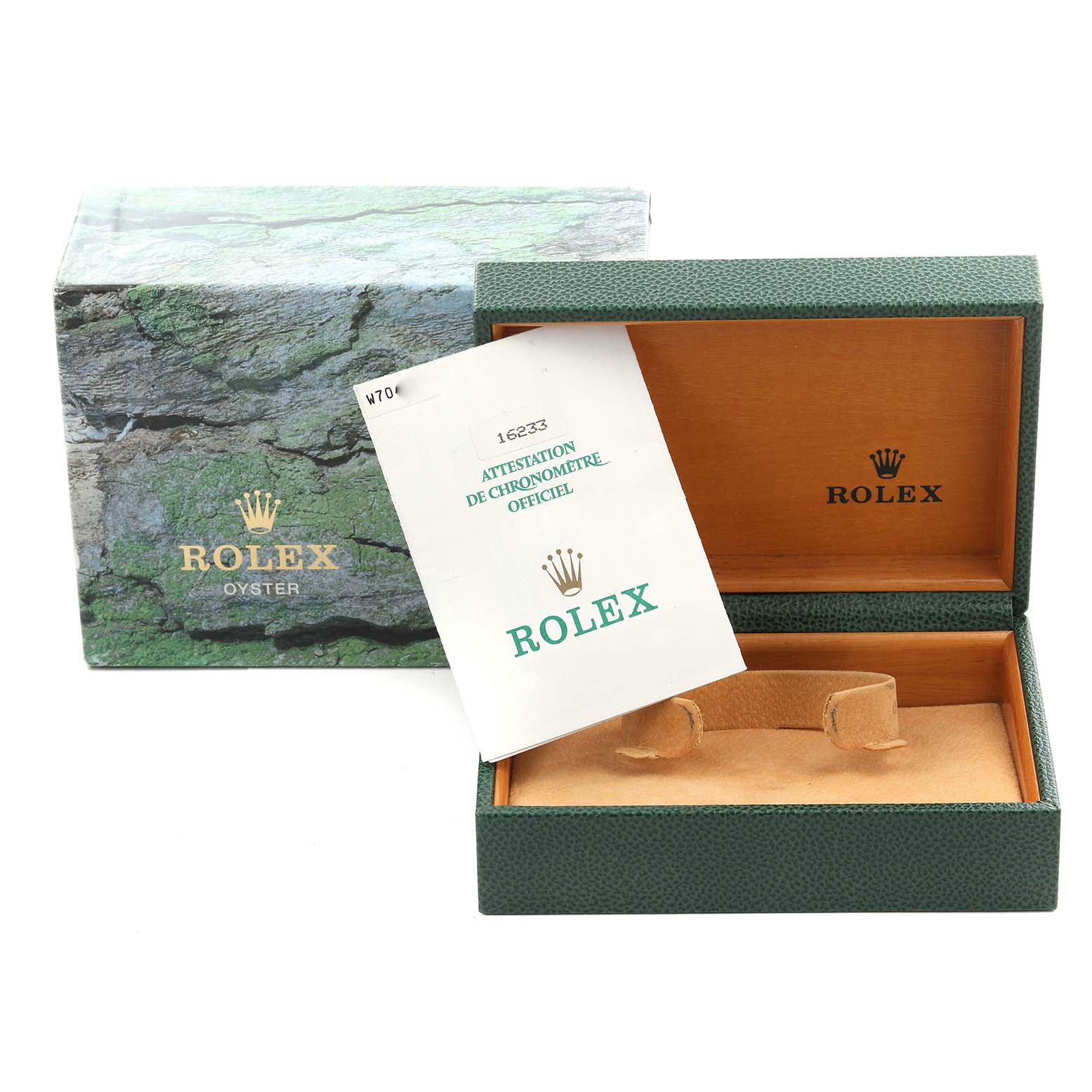 This image shows a Rolex Datejust 16233 Men's Steel and Gold (two tone) Champagne Dial 16233 Men's Steel and Gold (two tone) Champagne Dial watch box, documentation, and outer packaging from the front angle.