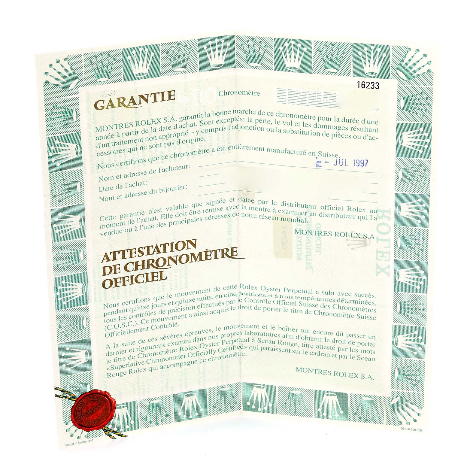 The image shows the warranty certificate for a Rolex Datejust 16233 Men's Steel and Gold (two tone) Champagne Dial 16233 Men's Steel and Gold (two tone) Champagne Dial watch, without any parts of the watch visible.