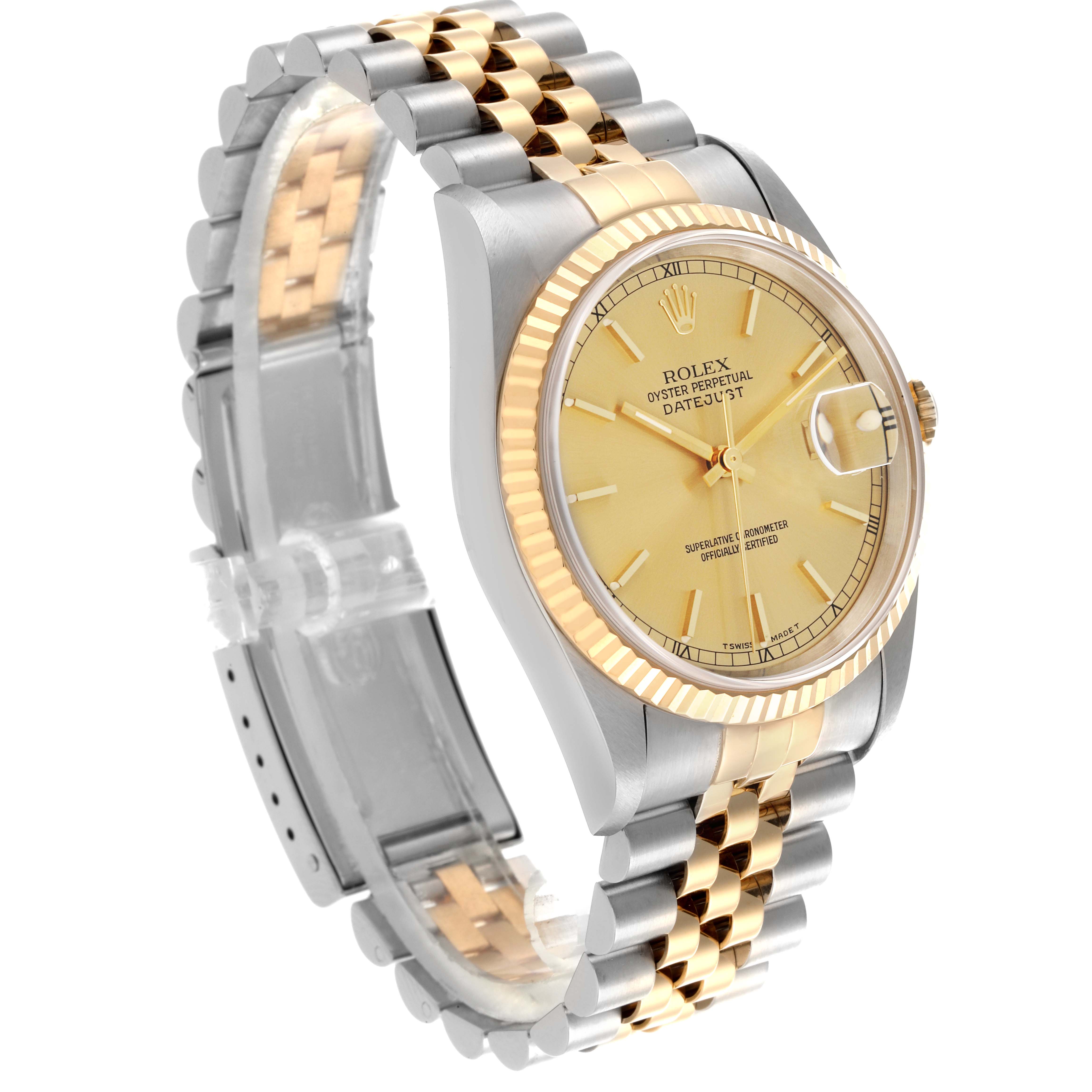 The Rolex Datejust 16233 Men's Steel and Gold (two tone) Champagne Dial 16233 Men's Steel and Gold (two tone) Champagne Dial watch is shown at a three-quarter angle displaying the gold and silver bracelet, bezel, and dial.