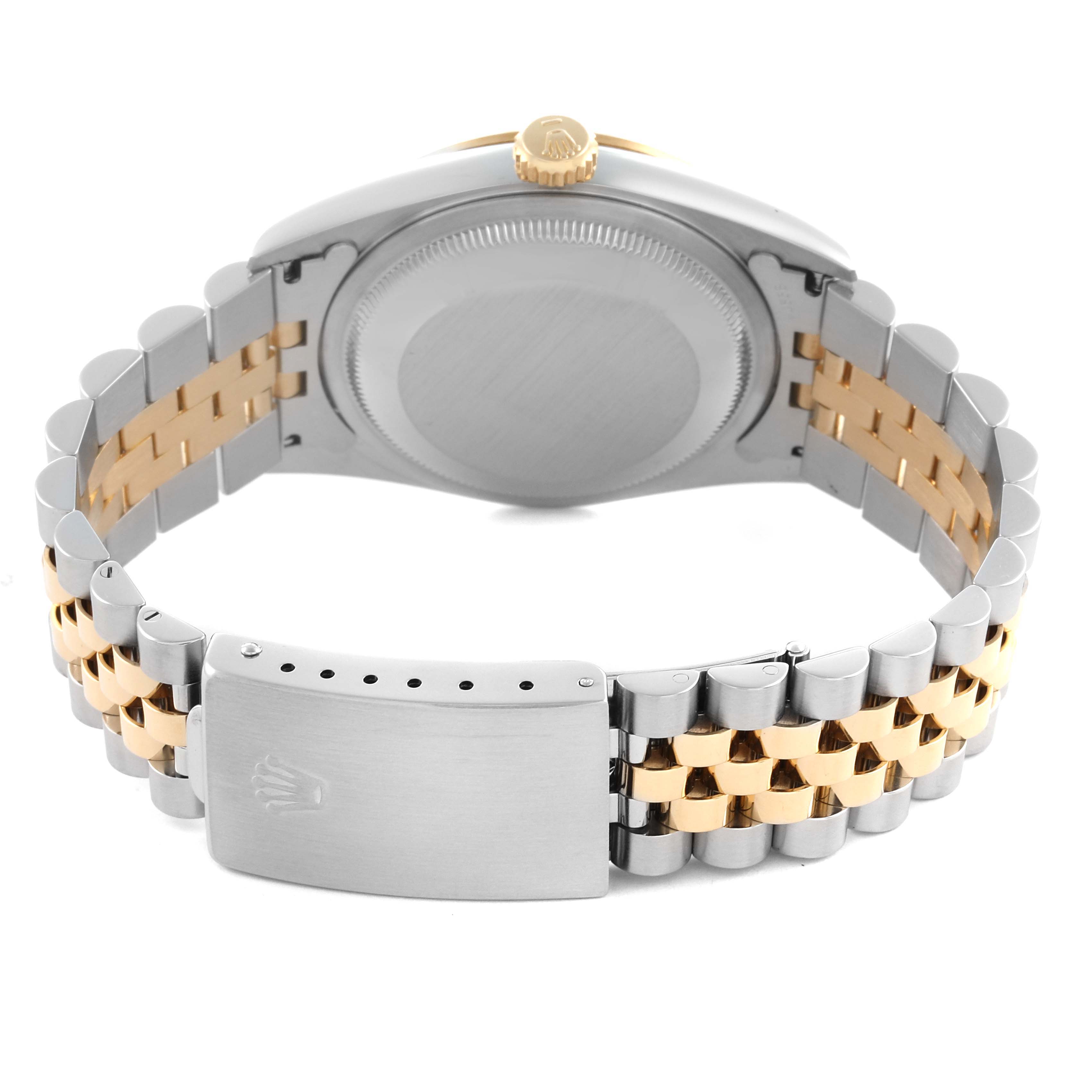 The Rolex Datejust 16233 Men's Steel and Gold (two tone) Champagne Dial 16233 Men's Steel and Gold (two tone) Champagne Dial watch is shown from the back, highlighting the case back, crown, and two-tone bracelet.