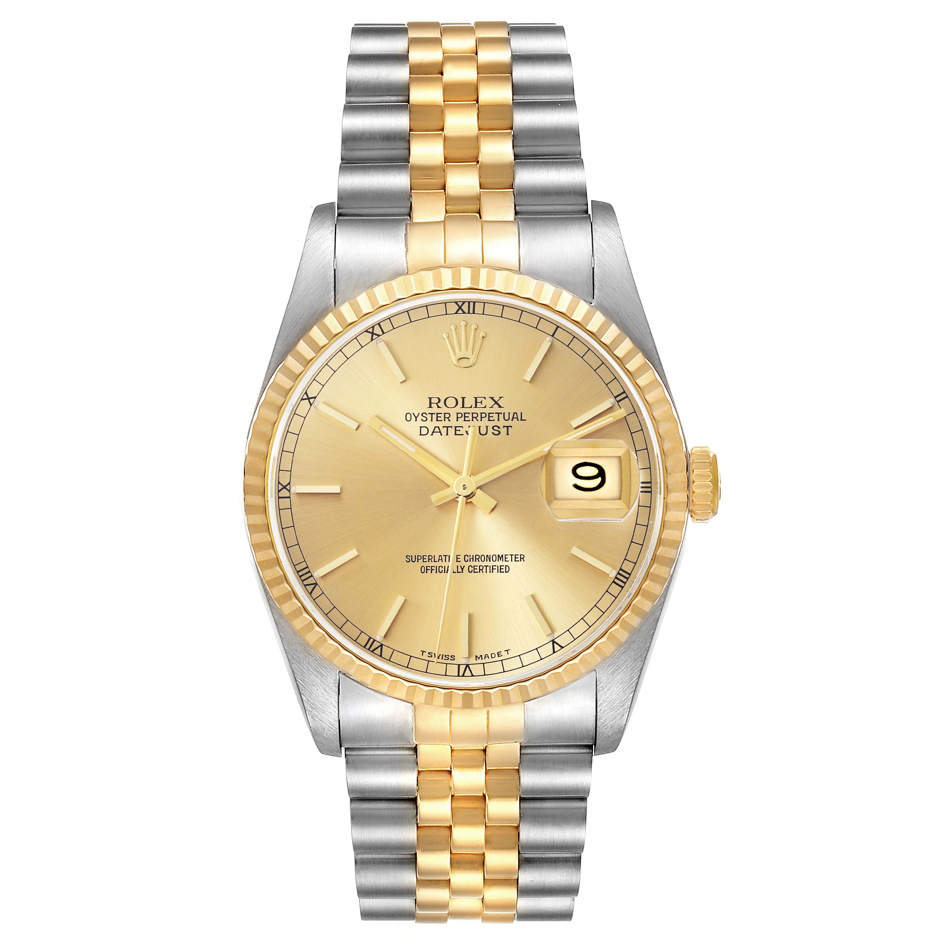 The Rolex Datejust 16233 Men's Steel and Gold (two tone) Champagne Dial 16233 Men's Steel and Gold (two tone) Champagne Dial watch is shown from the front, displaying its dial, fluted bezel, and two-tone bracelet.
