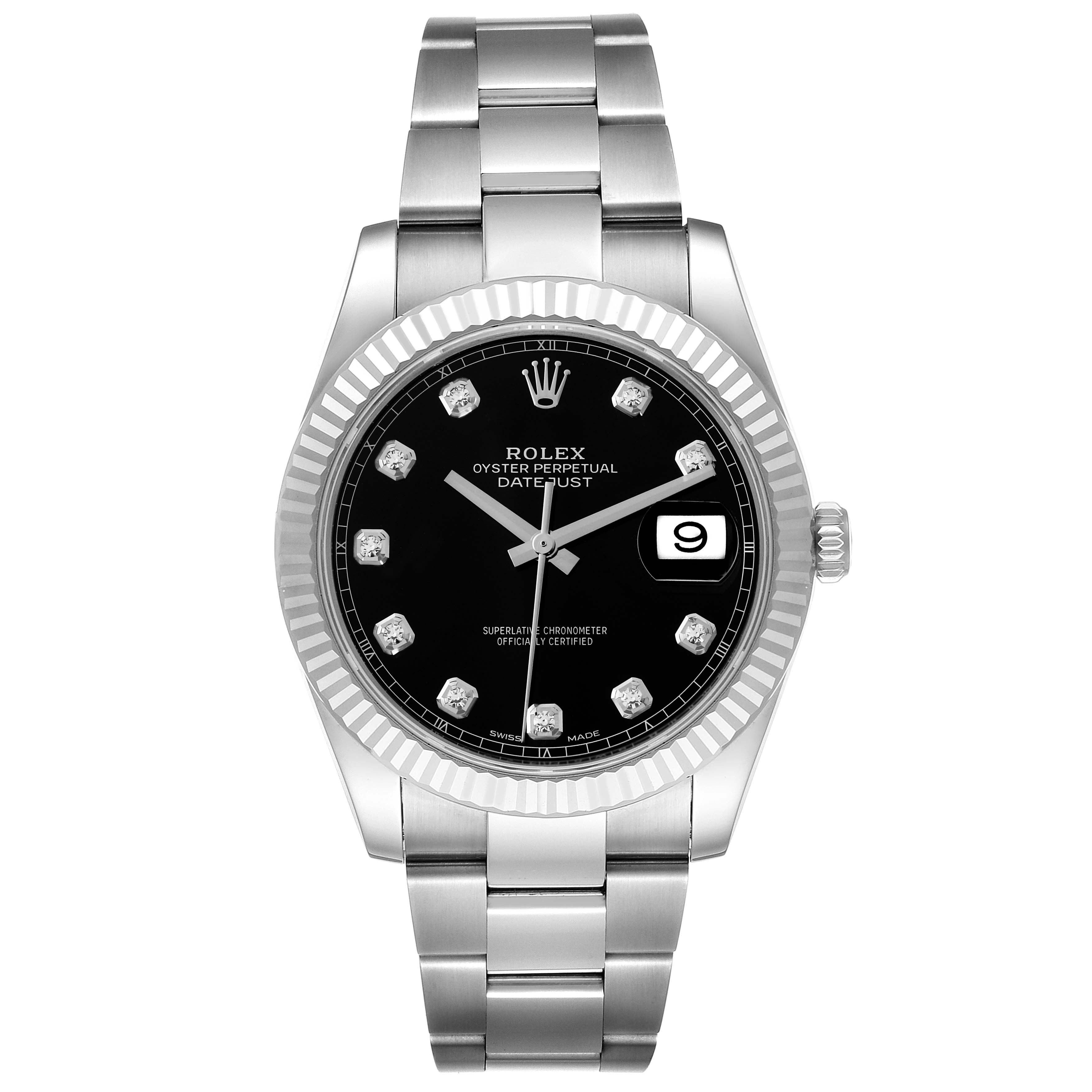 The Rolex Datejust 41 126334 Men's Stainless Steel Black Dial 126334 Men's Stainless Steel Black Dial is shown from the front, highlighting its black dial, fluted bezel, and Jubilee bracelet.