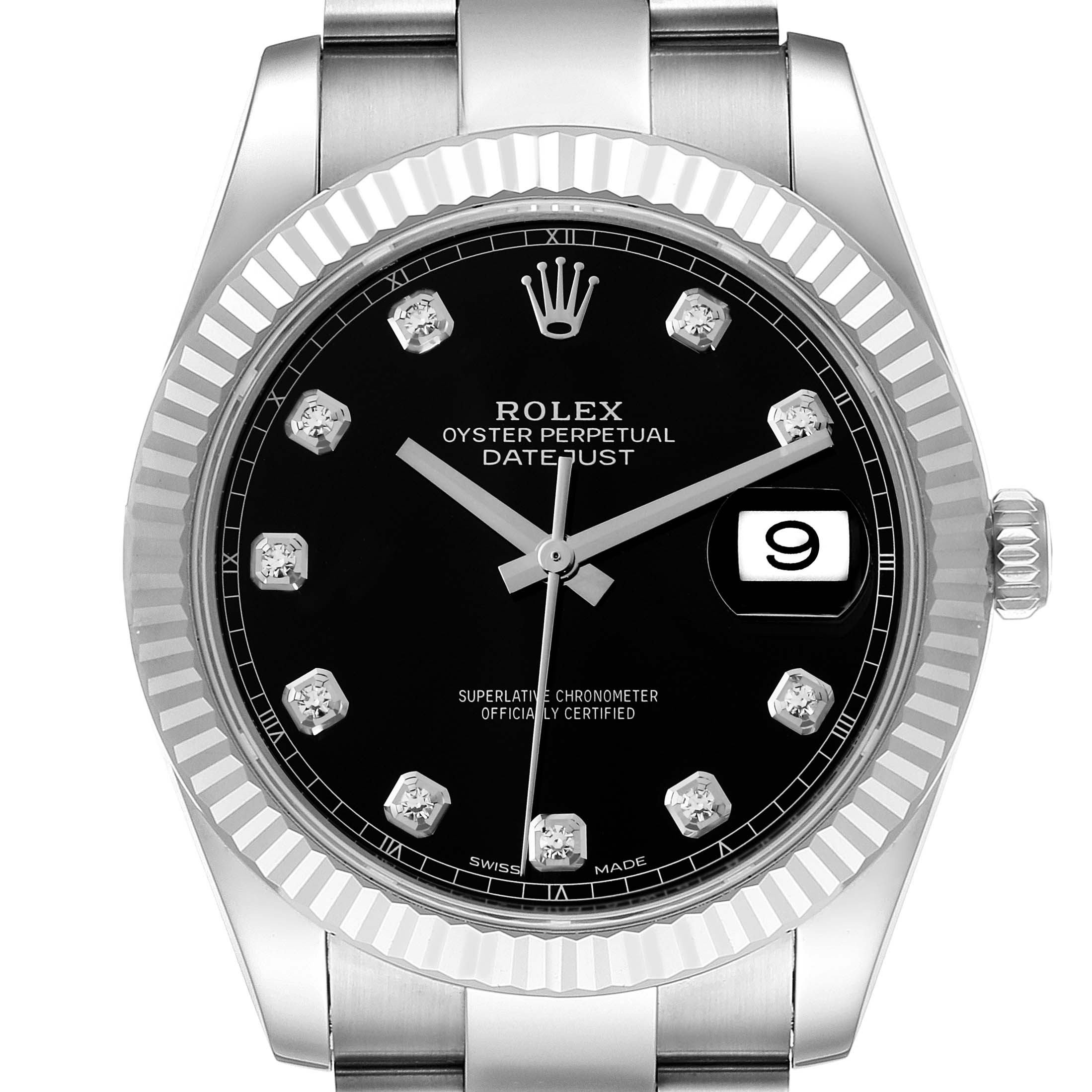 The Rolex Datejust 41 126334 Men's Stainless Steel Black Dial 126334 Men's Stainless Steel Black Dial is shown from the front, highlighting the dial, bezel, hands, and date window.
