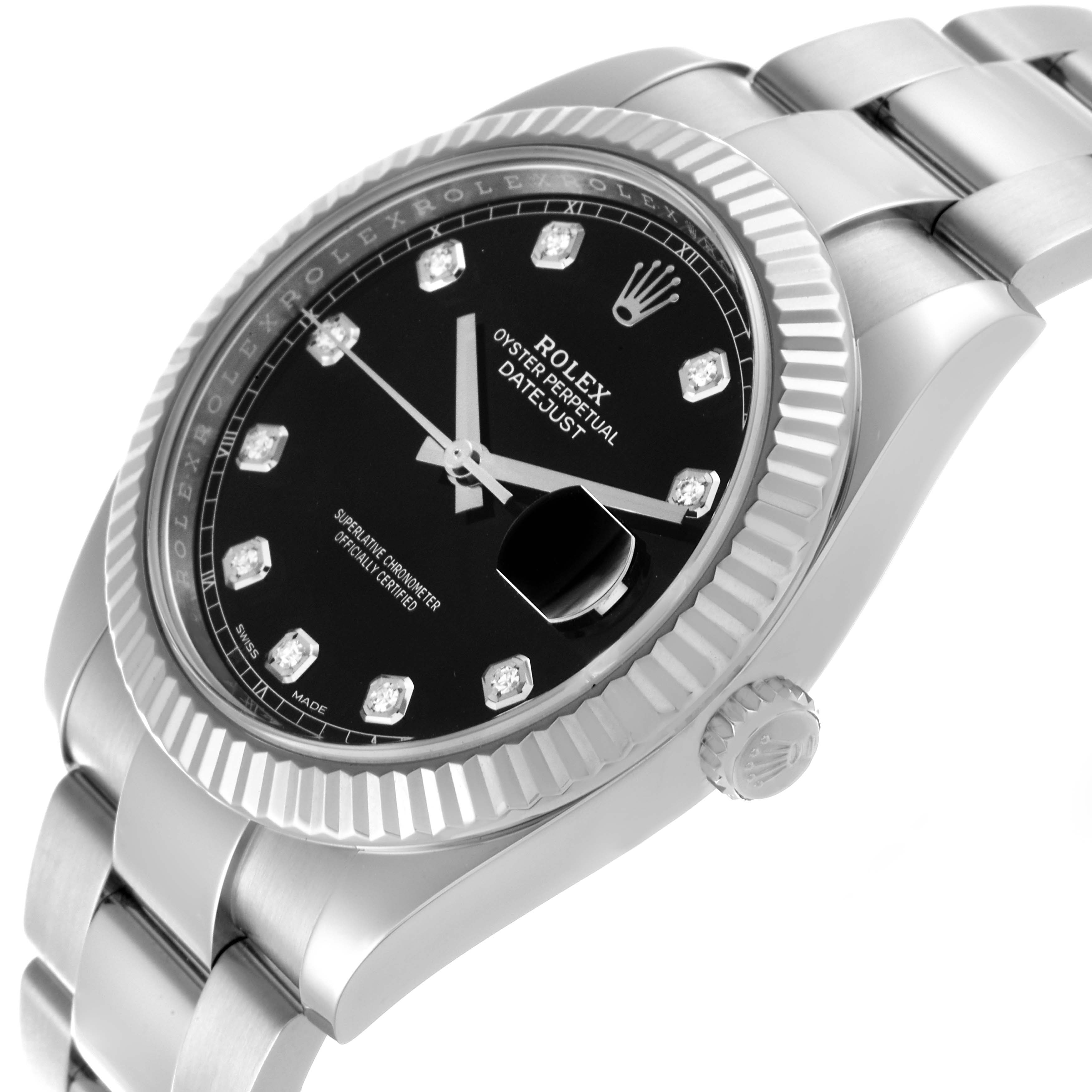 The Rolex Datejust 41 126334 Men's Stainless Steel Black Dial 126334 Men's Stainless Steel Black Dial is shown at a side angle, displaying the face, bezel, and part of the bracelet.