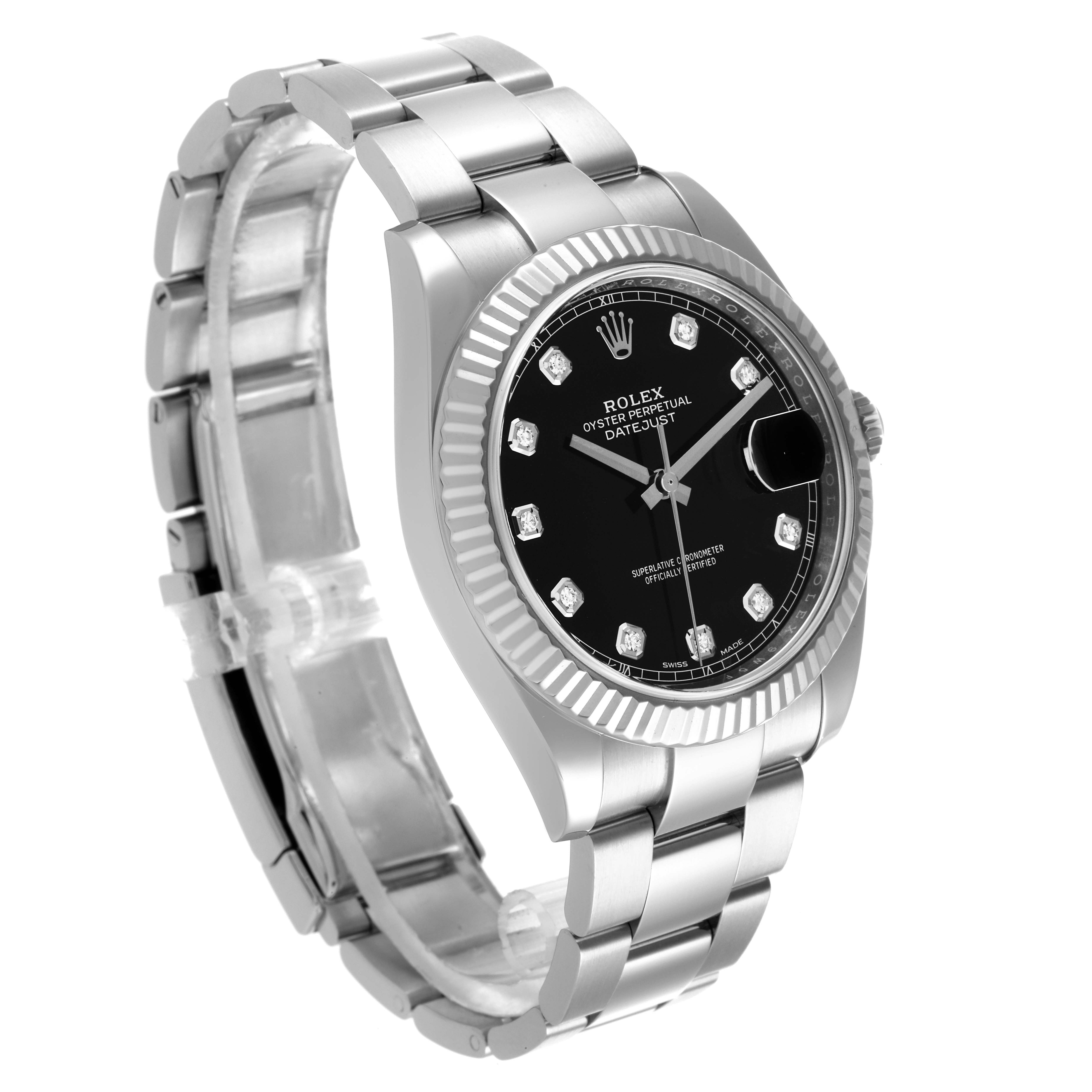 The Rolex Datejust 41 126334 Men's Stainless Steel Black Dial 126334 Men's Stainless Steel Black Dial watch is shown at a three-quarter angle, highlighting its black dial, fluted bezel, and steel bracelet.