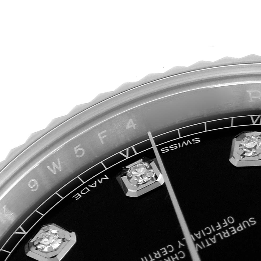 The image shows a close-up of the Rolex Datejust 41 126334 Men's Stainless Steel Black Dial 126334 Men's Stainless Steel Black Dial dial, highlighting diamond markers and a portion of the bezel.