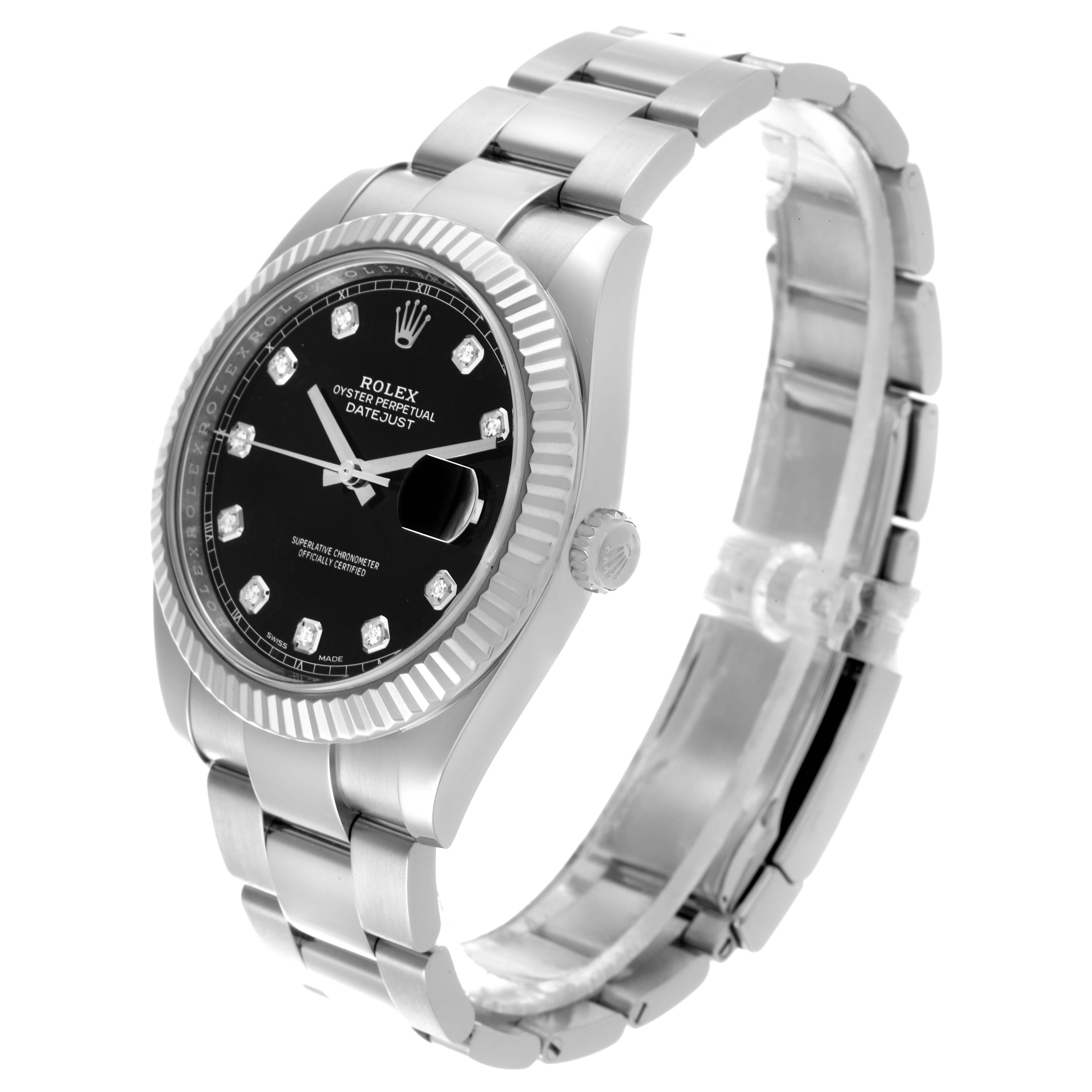 The Rolex Datejust 41 126334 Men's Stainless Steel Black Dial 126334 Men's Stainless Steel Black Dial watch is shown at a slight angle, highlighting the dial, bezel, crown, and bracelet.