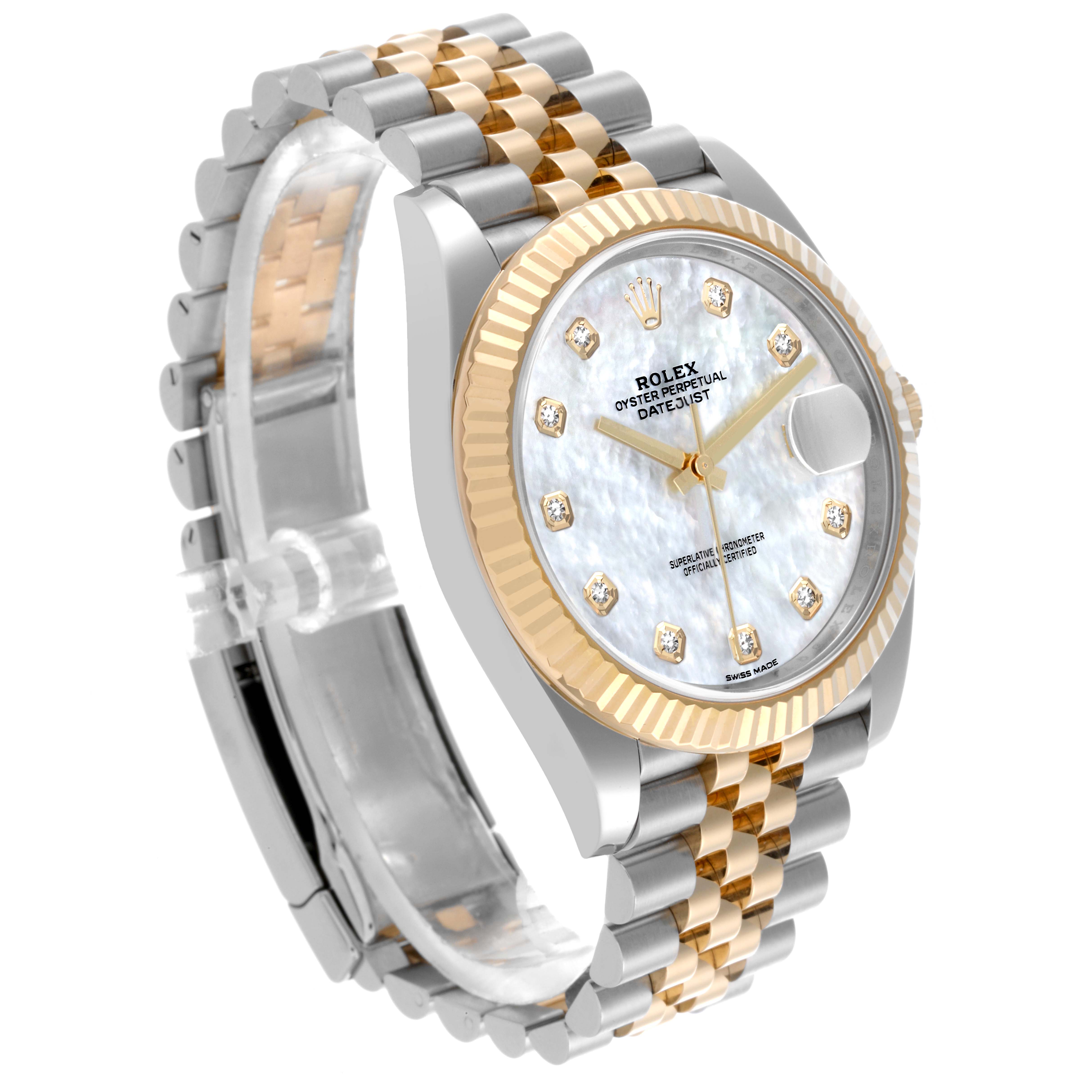 The Rolex Datejust 41 126333 Men's Steel and Gold (two tone) Mother of Pearl Dial 126333 Men's Steel and Gold (two tone) Mother of Pearl Dial watch is shown at a three-quarter angle, highlighting the face, bezel, and two-tone bracelet.