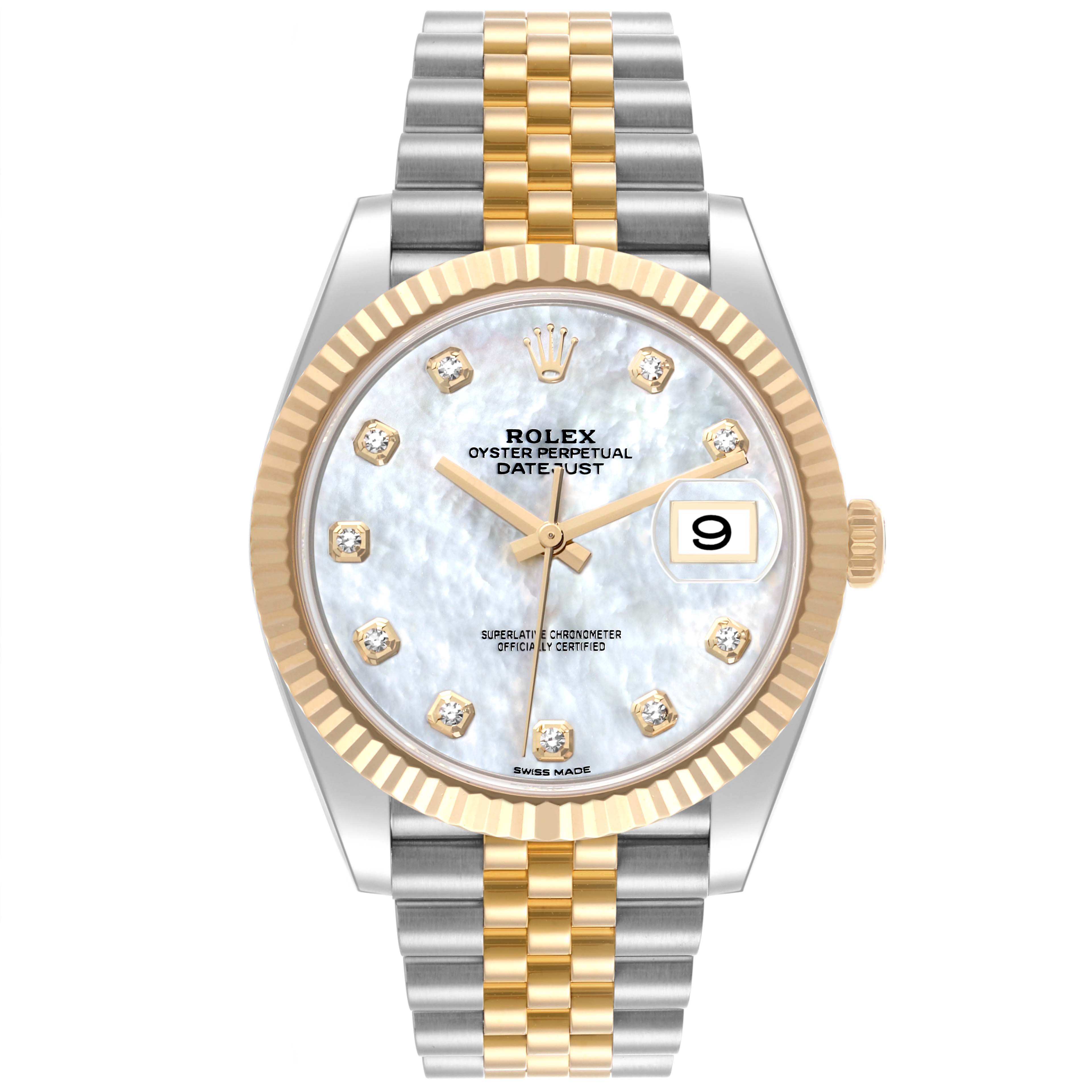 The Rolex Datejust 41 126333 Men's Steel and Gold (two tone) Mother of Pearl Dial 126333 Men's Steel and Gold (two tone) Mother of Pearl Dial is shown from the front, featuring the face, bezel, and bracelet.