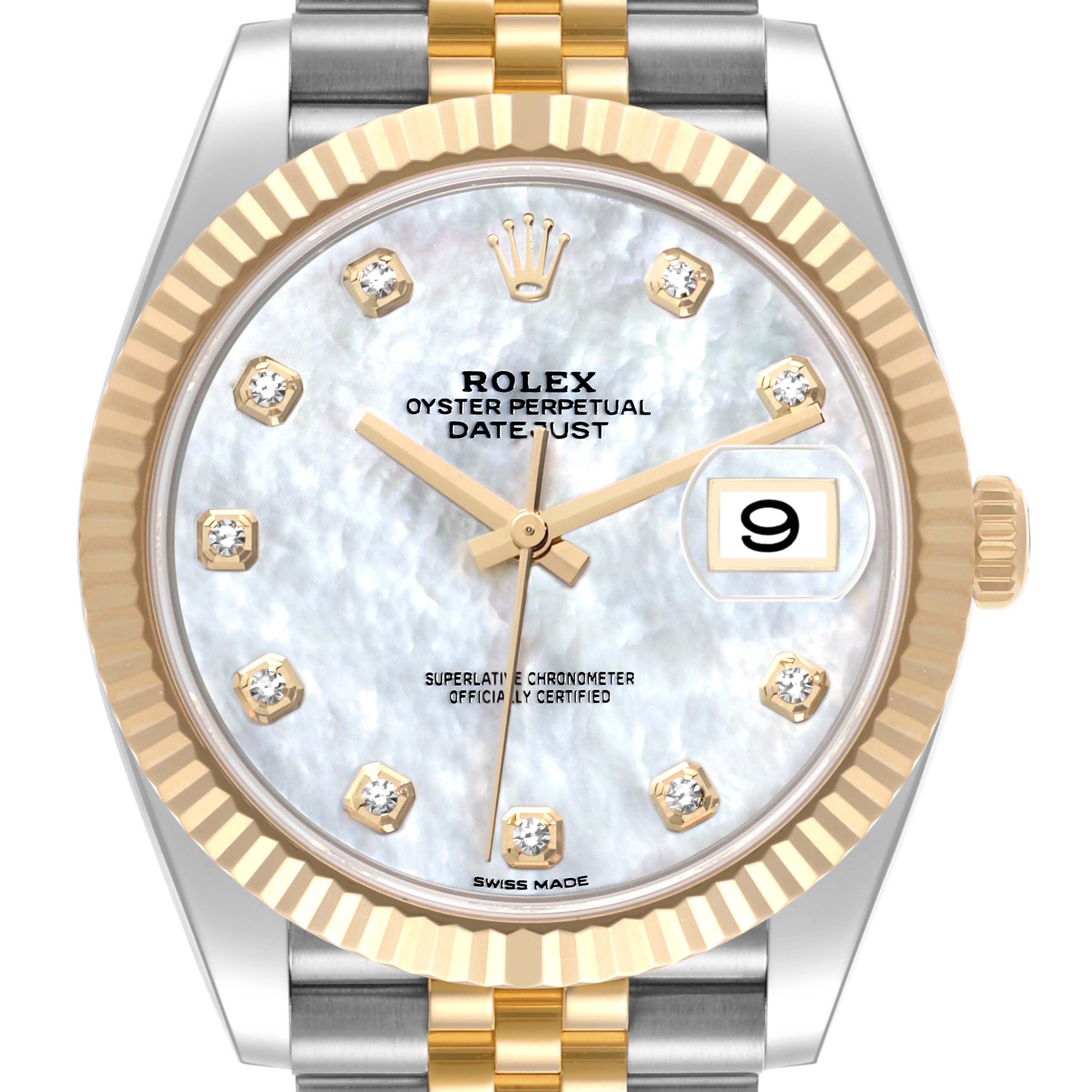 The Rolex Datejust 41 126333 Men's Steel and Gold (two tone) Mother of Pearl Dial 126333 Men's Steel and Gold (two tone) Mother of Pearl Dial is shown from the front, highlighting the dial, bezel, crown, and part of the bracelet.