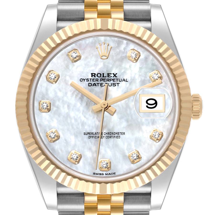 The Rolex Datejust 41 is shown from the front, highlighting the dial, bezel, crown, and part of the bracelet.