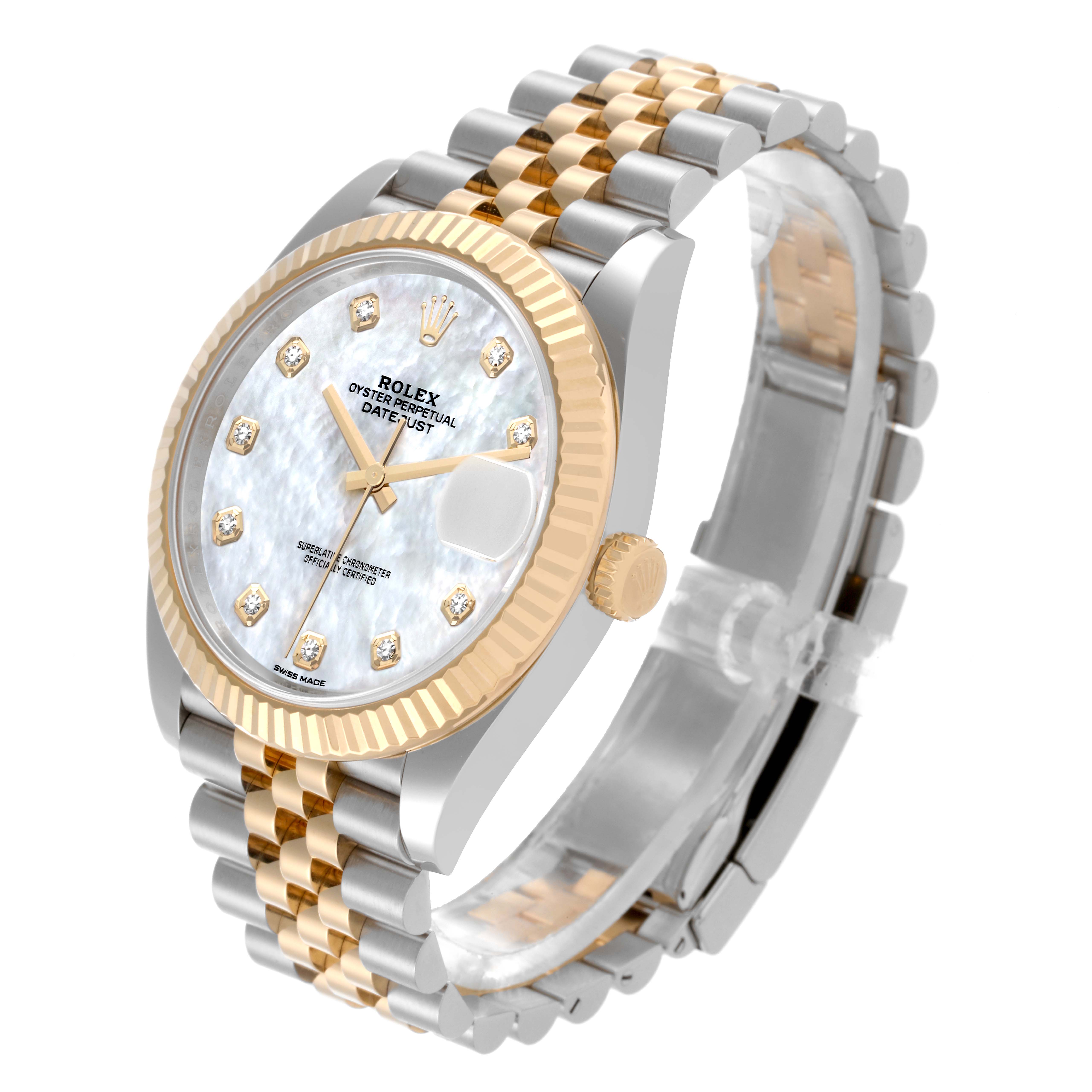 The Rolex Datejust 41 126333 Men's Steel and Gold (two tone) Mother of Pearl Dial 126333 Men's Steel and Gold (two tone) Mother of Pearl Dial watch is shown from a front-angle view, displaying the dial, fluted bezel, and bracelet.