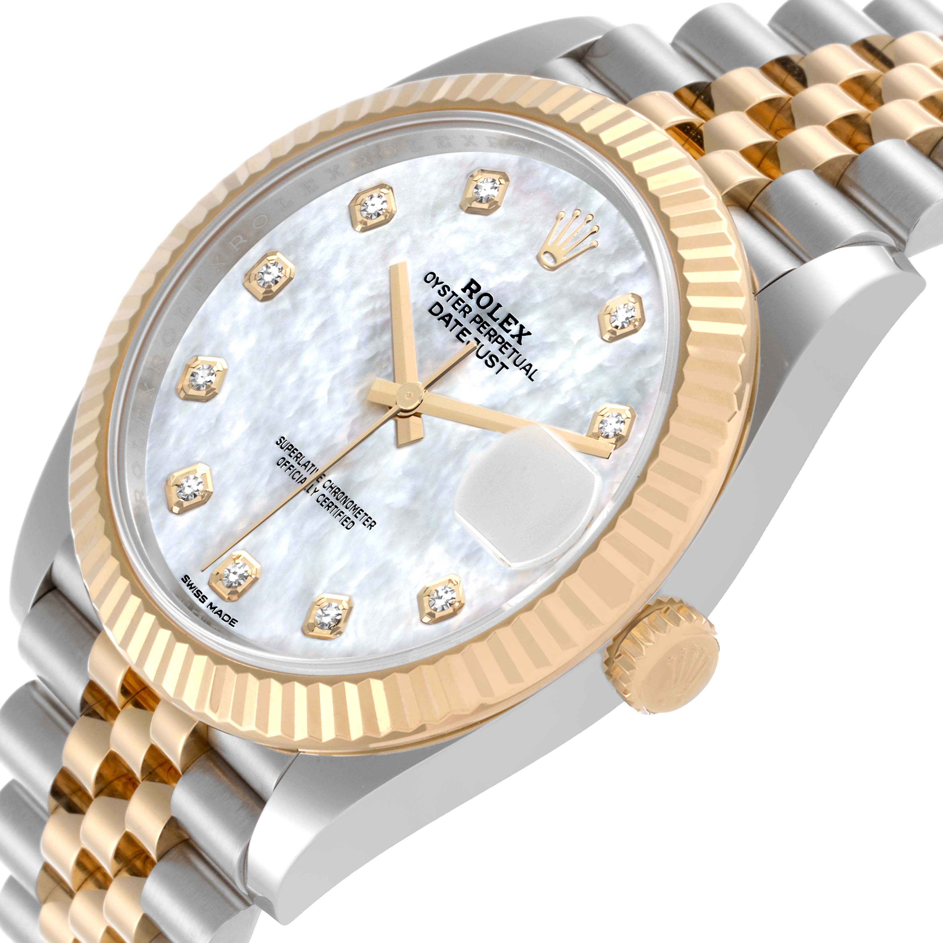 The Rolex Datejust 41 126333 Men's Steel and Gold (two tone) Mother of Pearl Dial 126333 Men's Steel and Gold (two tone) Mother of Pearl Dial is shown from an angled top view, highlighting the dial, fluted bezel, and two-tone bracelet.