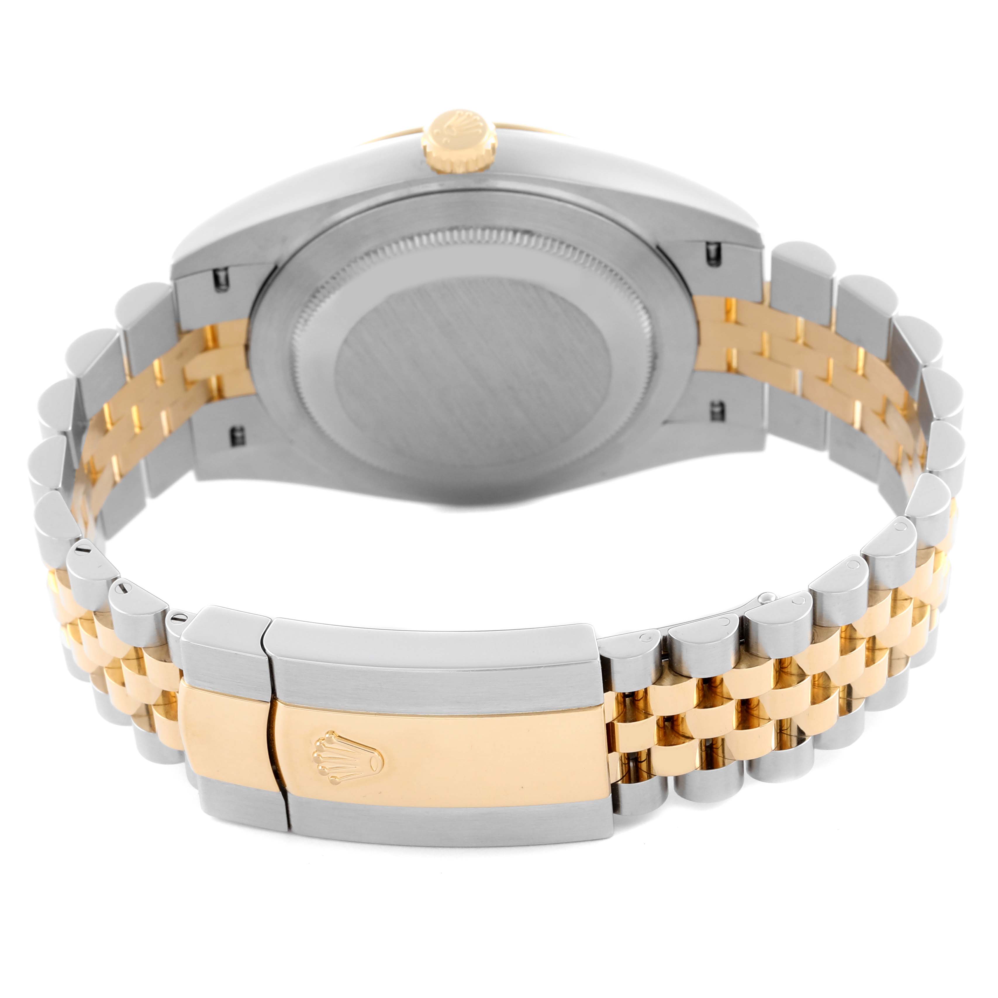 The image shows the back view of a Rolex Datejust 41 126333 Men's Steel and Gold (two tone) Mother of Pearl Dial 126333 Men's Steel and Gold (two tone) Mother of Pearl Dial model, highlighting its two-tone bracelet and clasp.