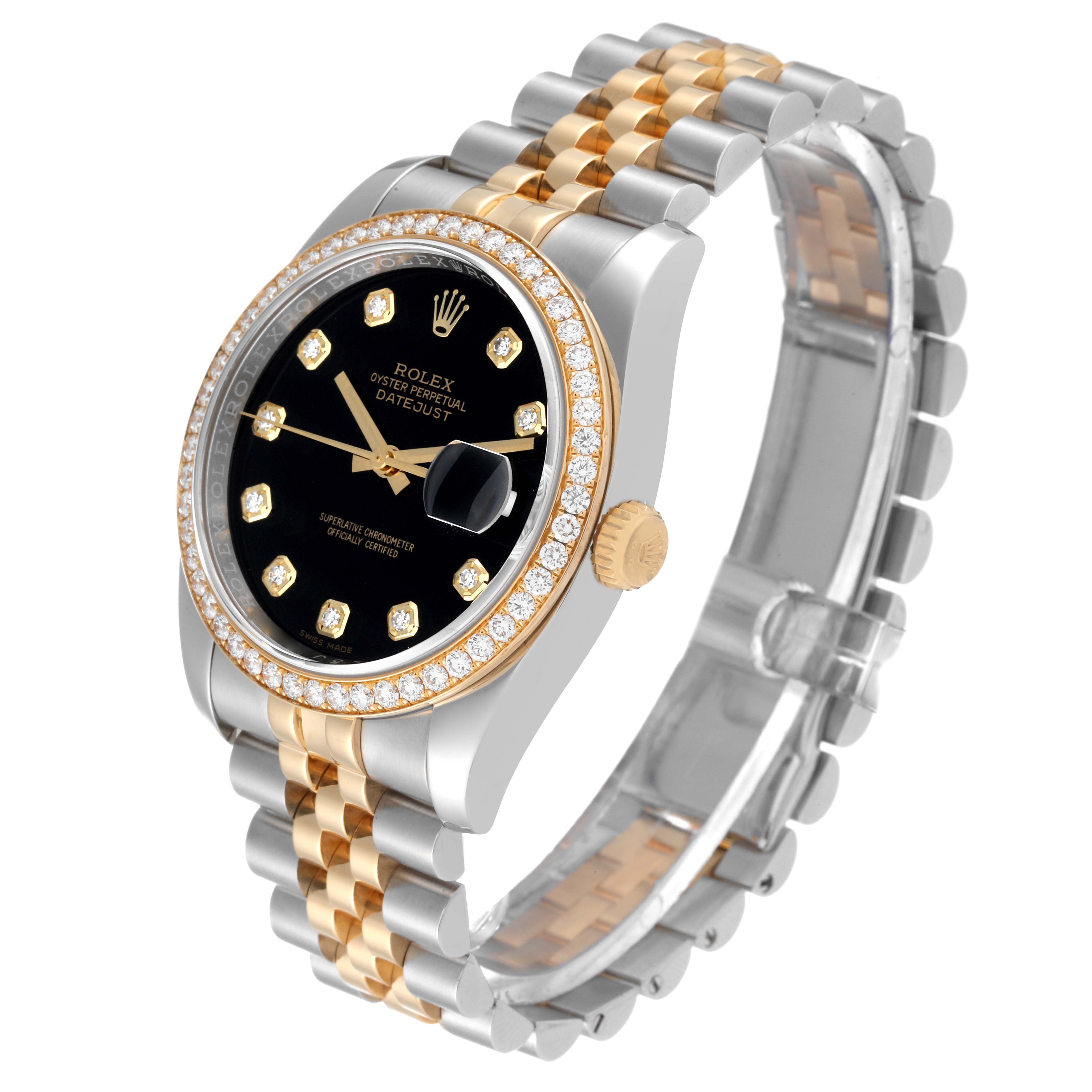 This image shows a Rolex Datejust 116243 Men's Steel and Gold (two tone) Black Dial 116243 Men's Steel and Gold (two tone) Black Dial model watch at an angle displaying the face, bezel, crown, and two-tone bracelet.