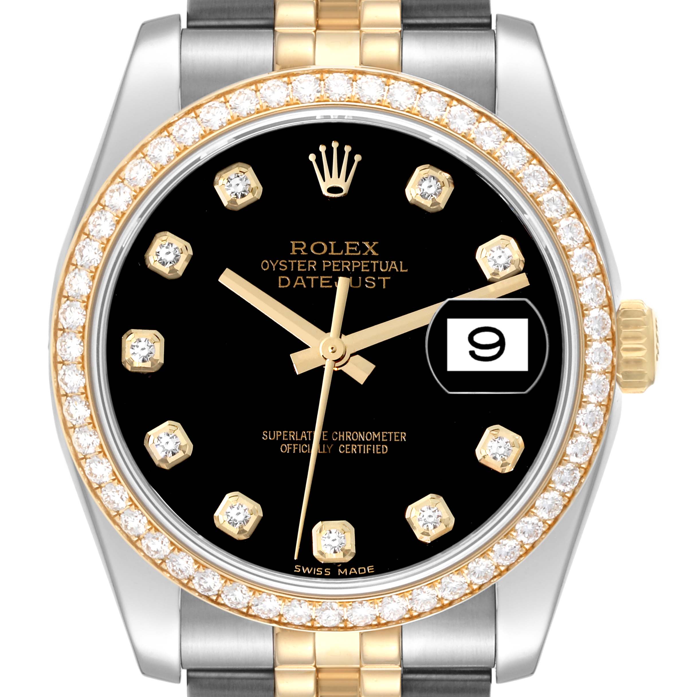 The image shows a close-up front view of a Rolex Datejust 116243 Men's Steel and Gold (two tone) Black Dial 116243 Men's Steel and Gold (two tone) Black Dial watch, displaying the dial, hands, date, and diamond-studded bezel.