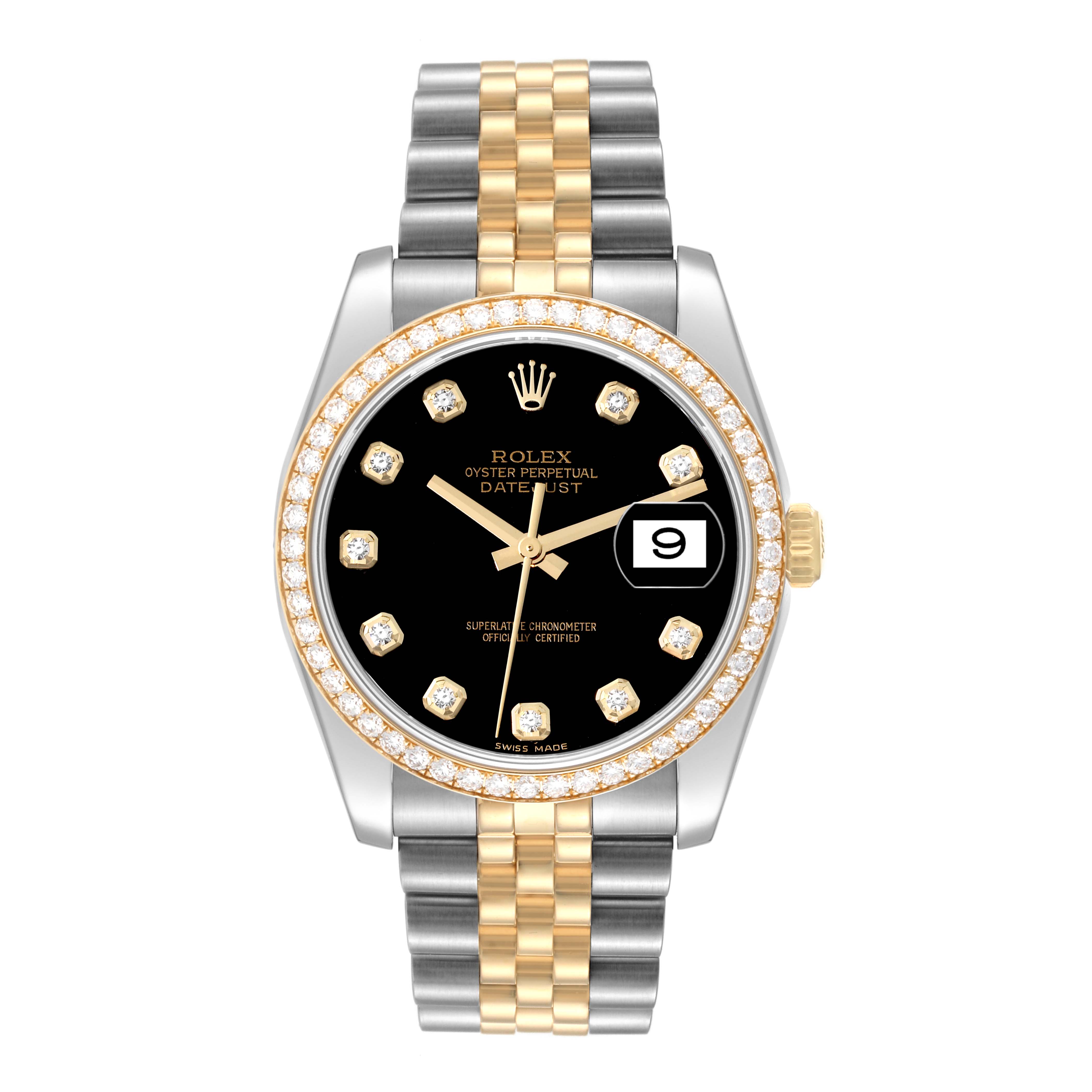 The image shows a front view of a Rolex Datejust 116243 Men's Steel and Gold (two tone) Black Dial 116243 Men's Steel and Gold (two tone) Black Dial watch with a black dial, diamond markers, and a two-tone bracelet.