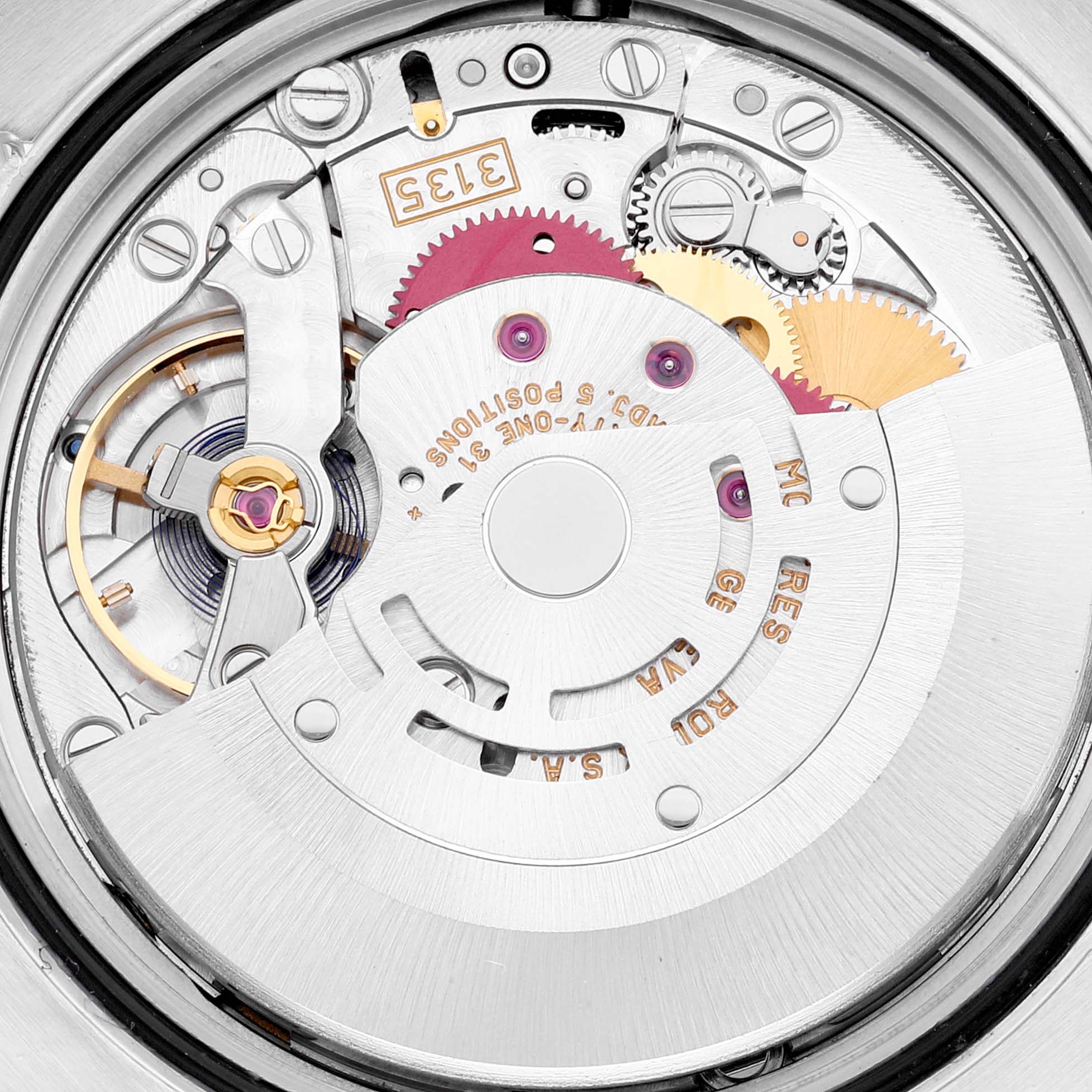 The image shows the intricate mechanism and movement parts of a Rolex Datejust 116243 Men's Steel and Gold (two tone) Black Dial 116243 Men's Steel and Gold (two tone) Black Dial model watch from an overhead angle.