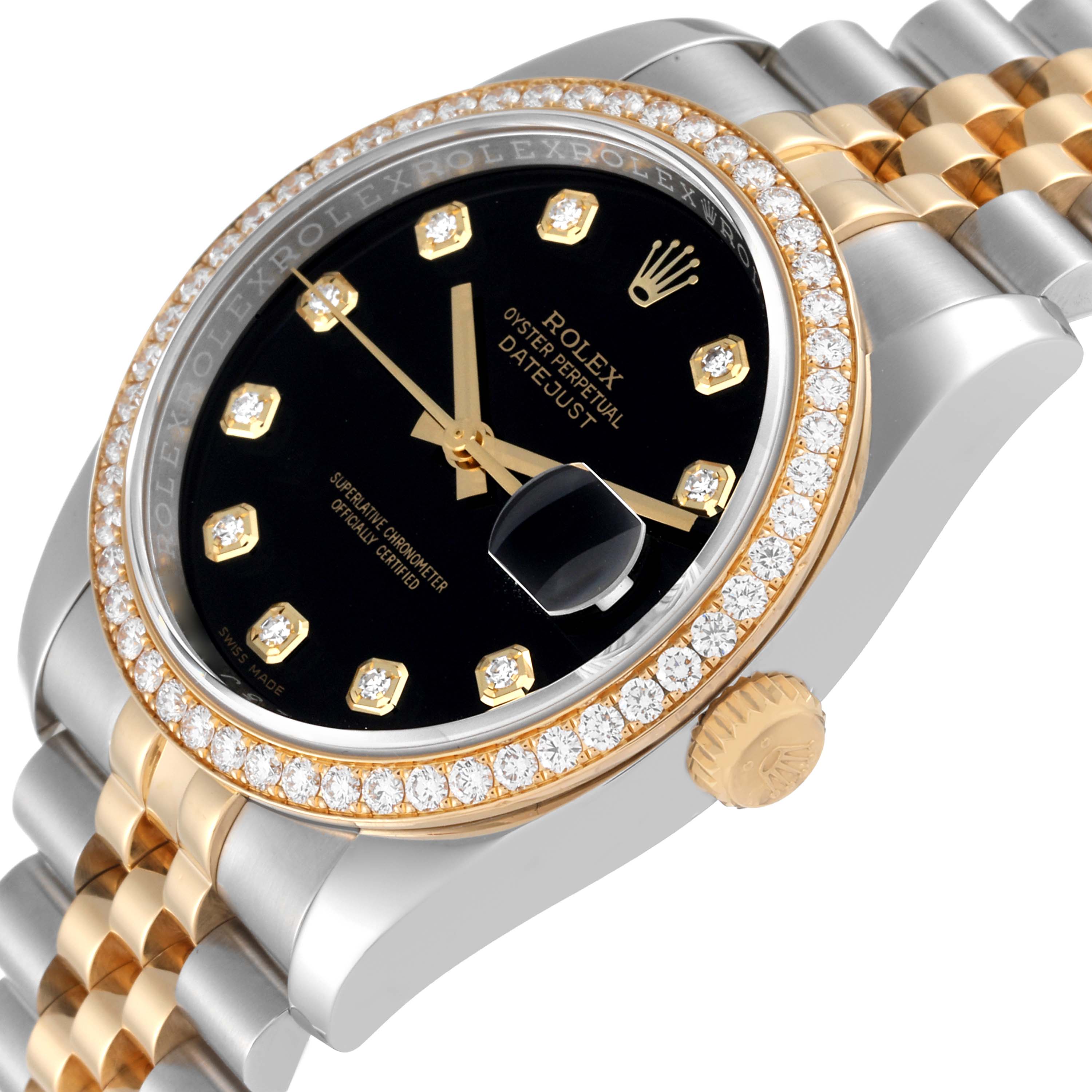 The Rolex Datejust 116243 Men's Steel and Gold (two tone) Black Dial 116243 Men's Steel and Gold (two tone) Black Dial watch is shown at an angle highlighting the bezel, black dial, diamond hour markers, and part of the bracelet.