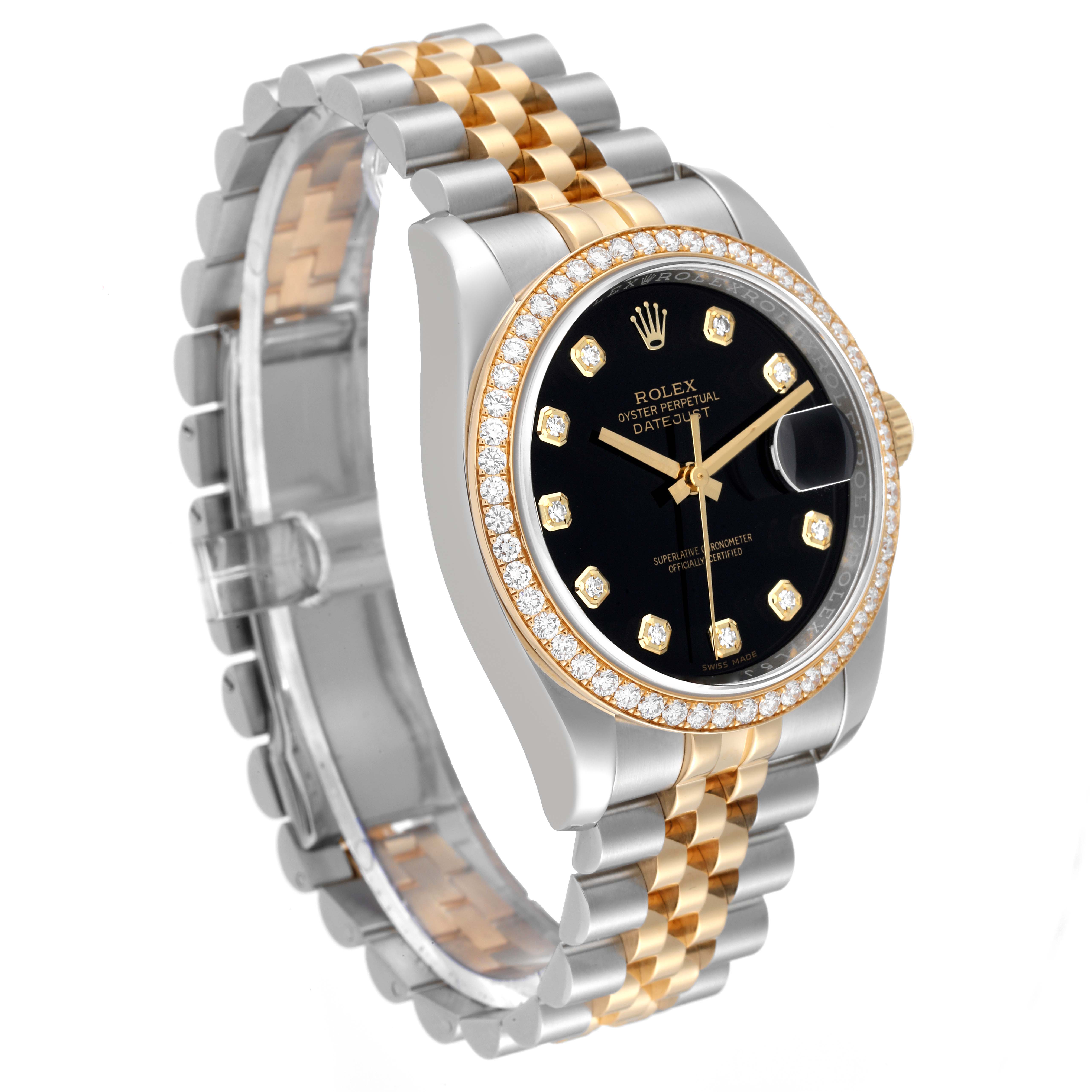 The Rolex Datejust 116243 Men's Steel and Gold (two tone) Black Dial 116243 Men's Steel and Gold (two tone) Black Dial watch is shown at a slight angle, highlighting its two-tone bracelet, diamond bezel, and black dial with diamond markers.