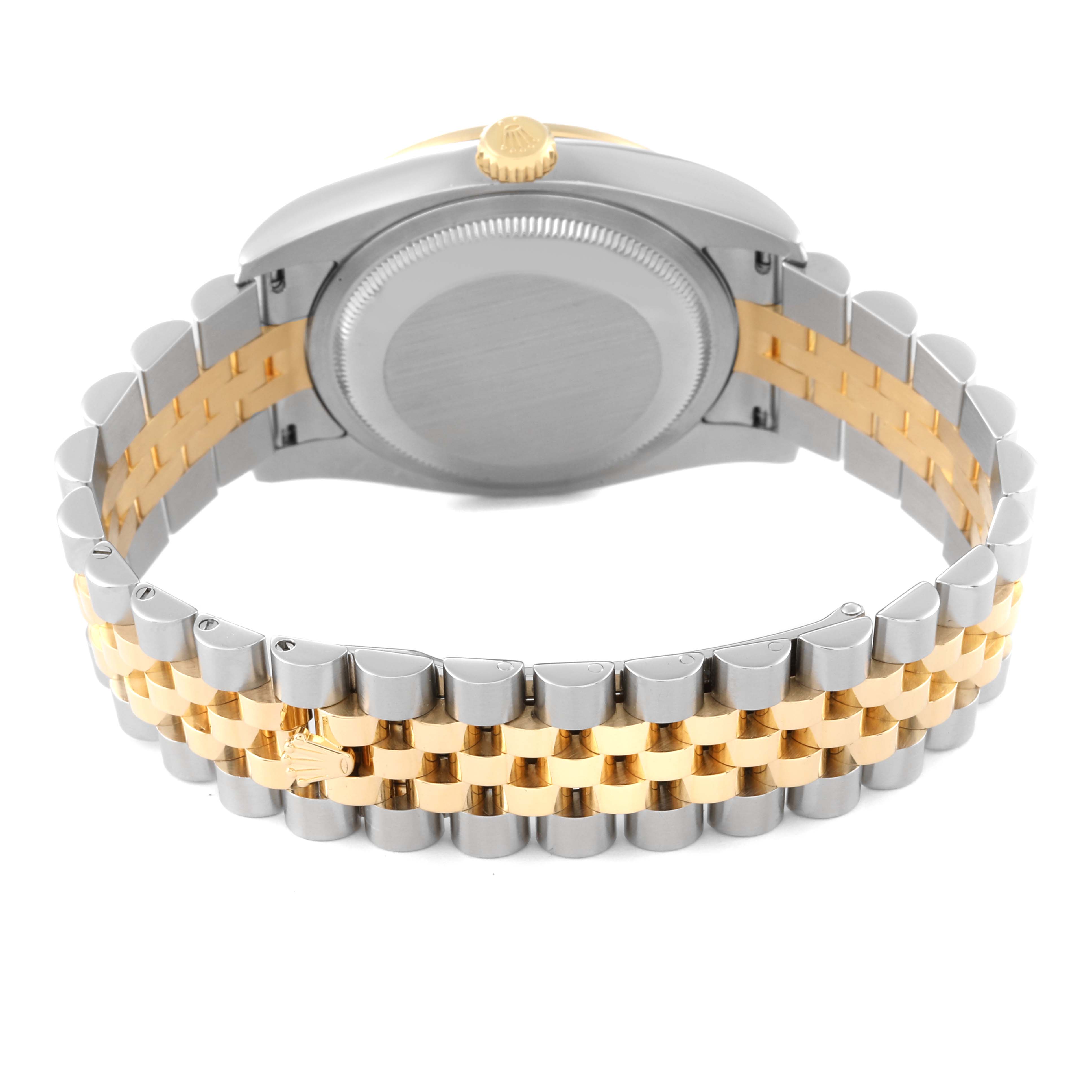 The image shows the back view of a Rolex Datejust 116243 Men's Steel and Gold (two tone) Black Dial 116243 Men's Steel and Gold (two tone) Black Dial watch, highlighting the caseback and two-tone bracelet.