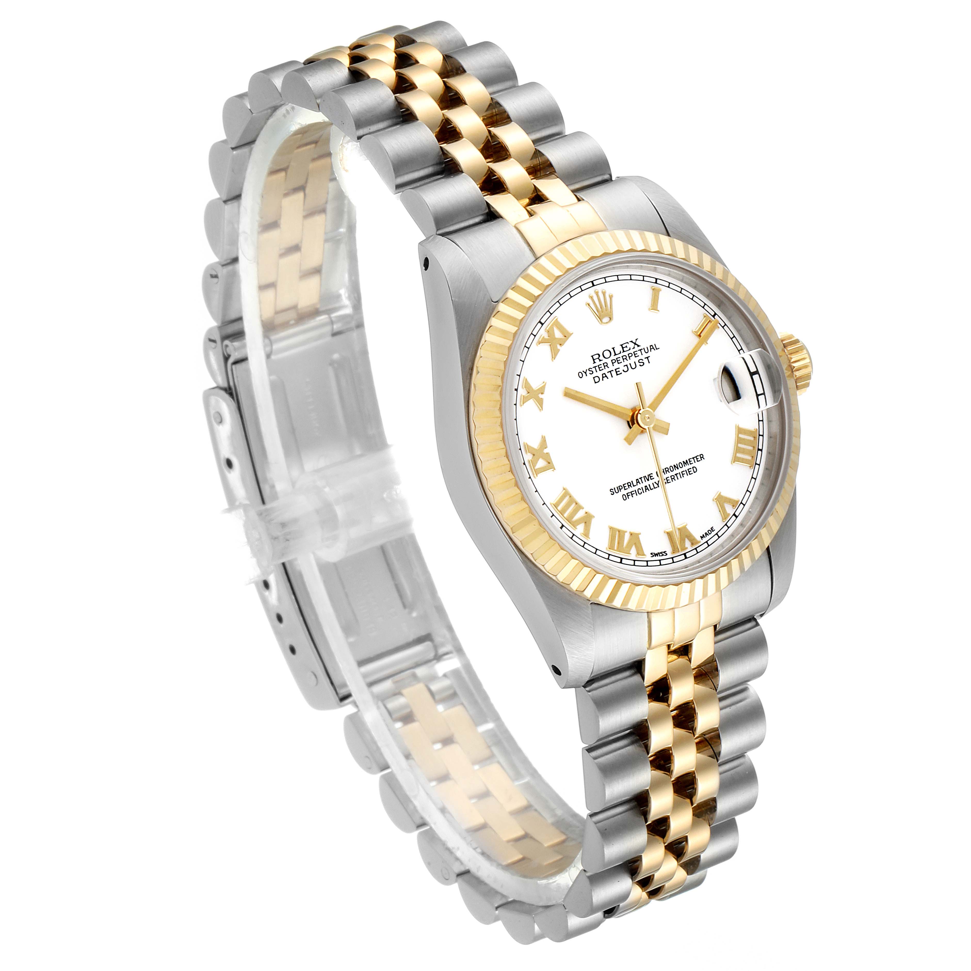 The Rolex Datejust 68273 Women's Steel and Gold (two tone) White Dial 68273 Women's Steel and Gold (two tone) White Dial watch is shown at an angled view, displaying the face, bezel, and two-tone band.