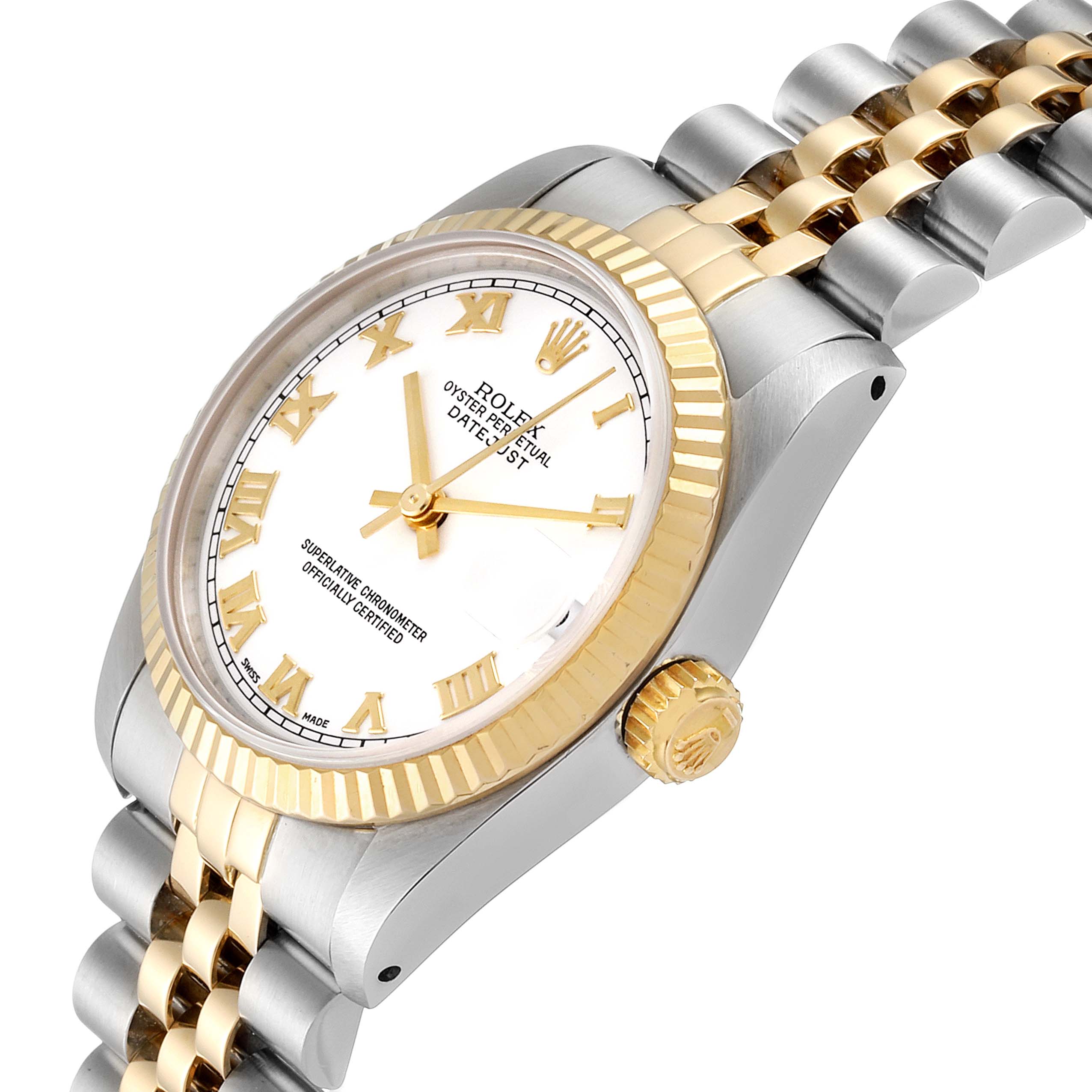 The image shows a Rolex Datejust 68273 Women's Steel and Gold (two tone) White Dial 68273 Women's Steel and Gold (two tone) White Dial watch at an oblique angle, highlighting the dial, bezel, crown, and part of the bracelet.