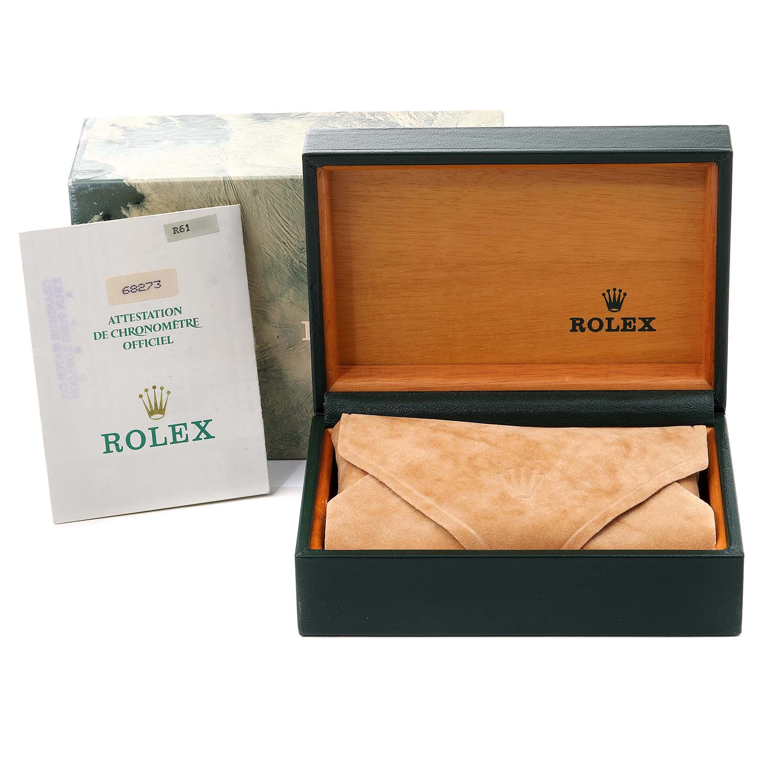 A Rolex Datejust 68273 Women's Steel and Gold (two tone) White Dial 68273 Women's Steel and Gold (two tone) White Dial watch box, pouch, and an official chronometer certificate are shown from a frontal angle.