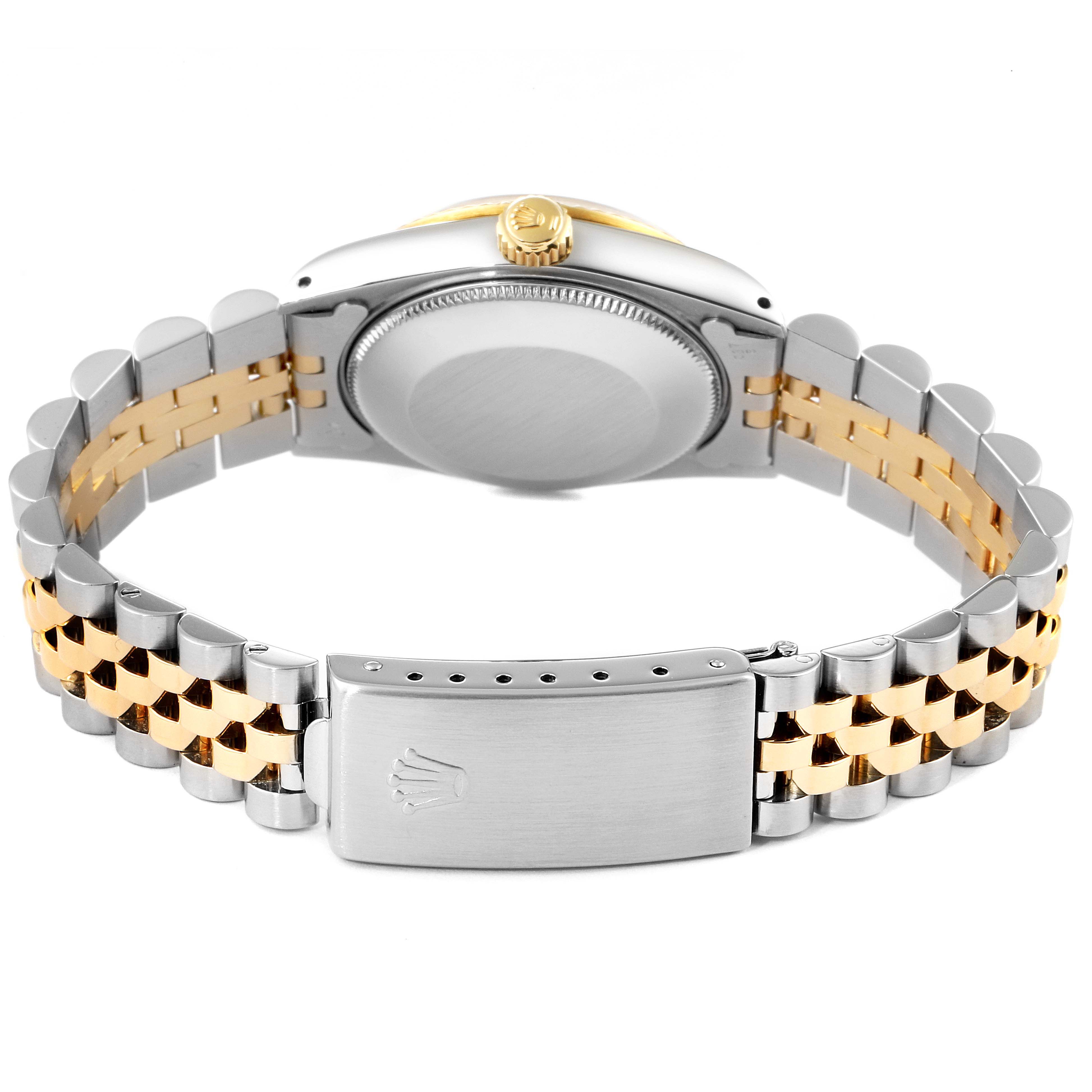 The image shows the back case and bracelet of a Rolex Datejust 68273 Women's Steel and Gold (two tone) White Dial 68273 Women's Steel and Gold (two tone) White Dial watch, highlighting the two-tone metal links and clasp.