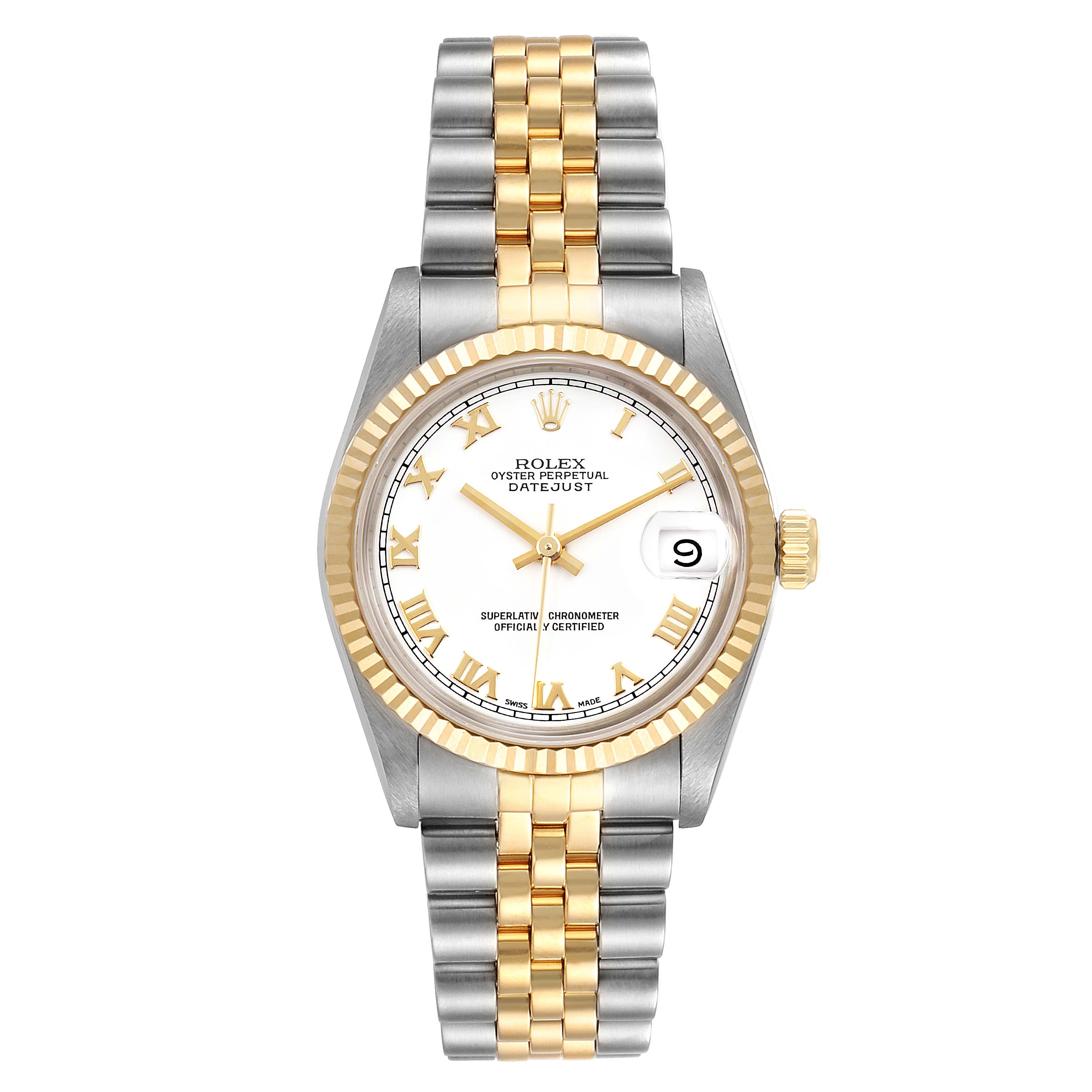 The Rolex Datejust 68273 Women's Steel and Gold (two tone) White Dial 68273 Women's Steel and Gold (two tone) White Dial watch is shown from a top-down angle, displaying the dial, fluted bezel, and Jubilee bracelet.