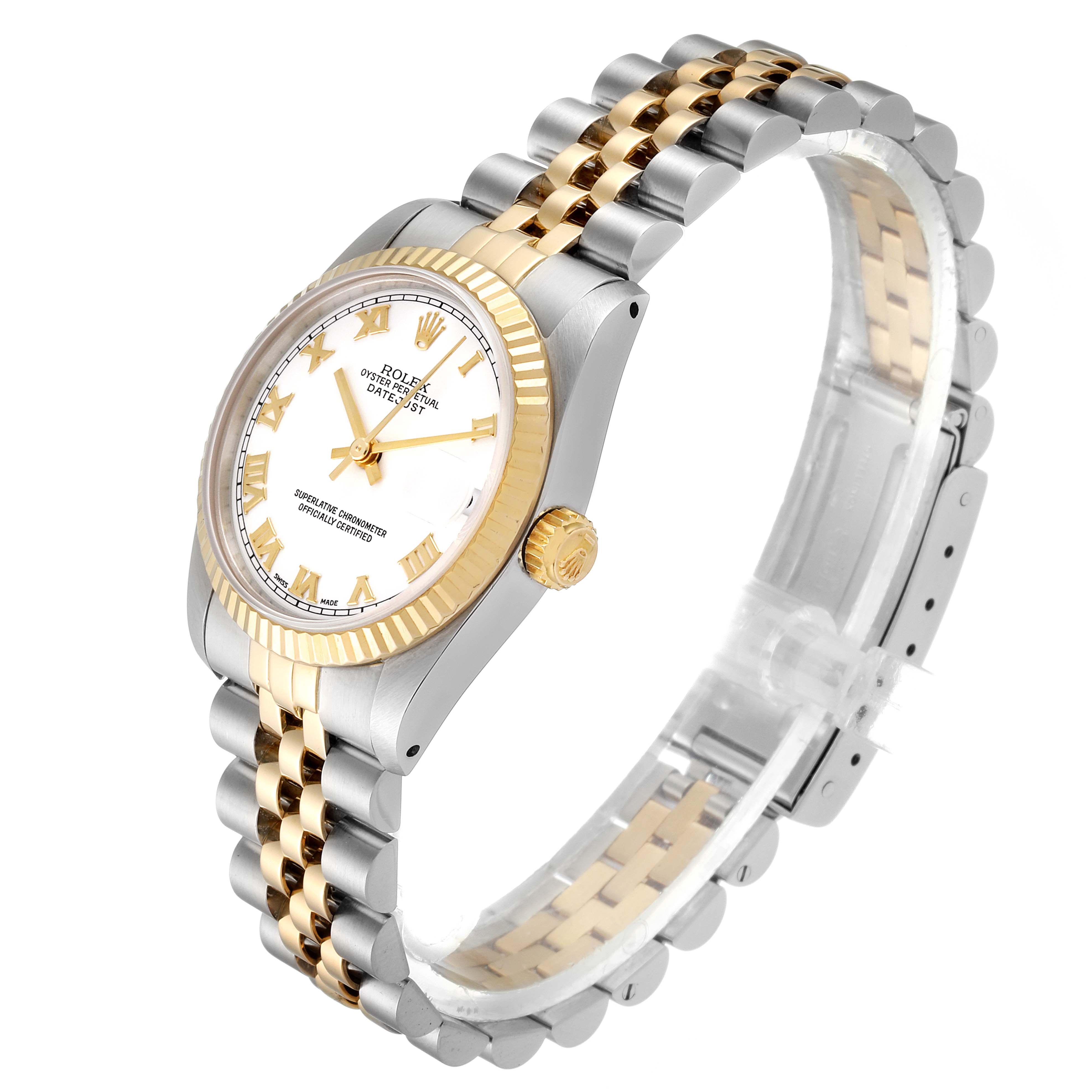 This image shows a side angle of a Rolex Datejust 68273 Women's Steel and Gold (two tone) White Dial 68273 Women's Steel and Gold (two tone) White Dial watch, highlighting its two-tone bracelet, dial, and fluted bezel.