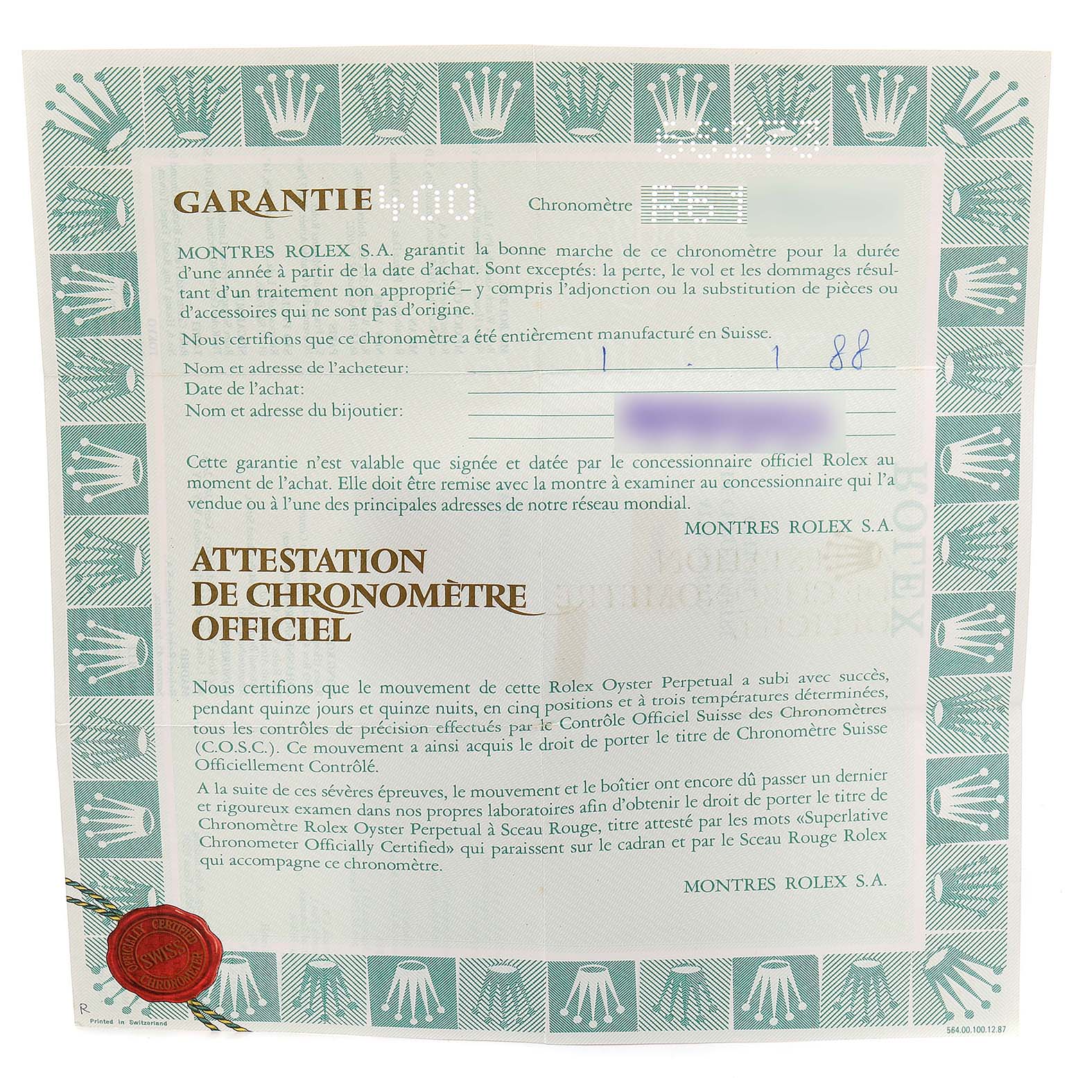 This image shows the warranty card and chronometer certificate for the Rolex Datejust 68273 Women's Steel and Gold (two tone) White Dial 68273 Women's Steel and Gold (two tone) White Dial model watch.