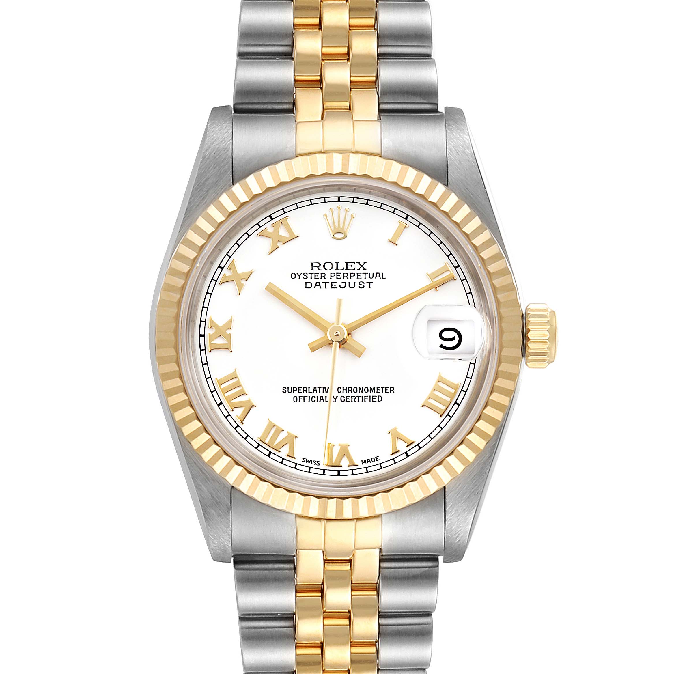 The image shows a frontal view of a Rolex Datejust 68273 Women's Steel and Gold (two tone) White Dial 68273 Women's Steel and Gold (two tone) White Dial watch featuring a two-tone metal bracelet and a white dial with Roman numerals.